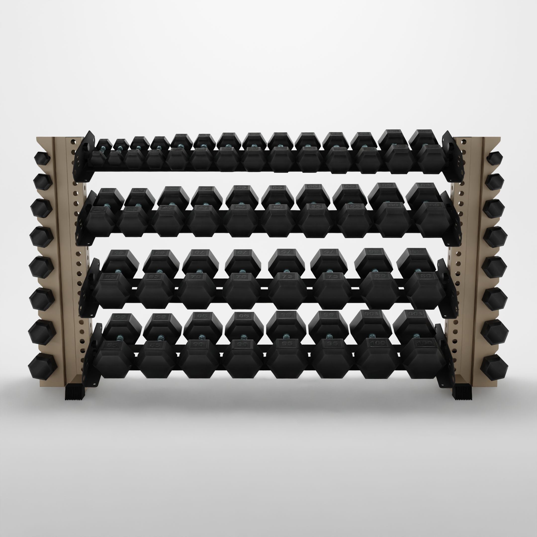 military tan 70-inch alpha 4-tier horizontal dumbbell rack with vertical add-ons storing hex dumbbells