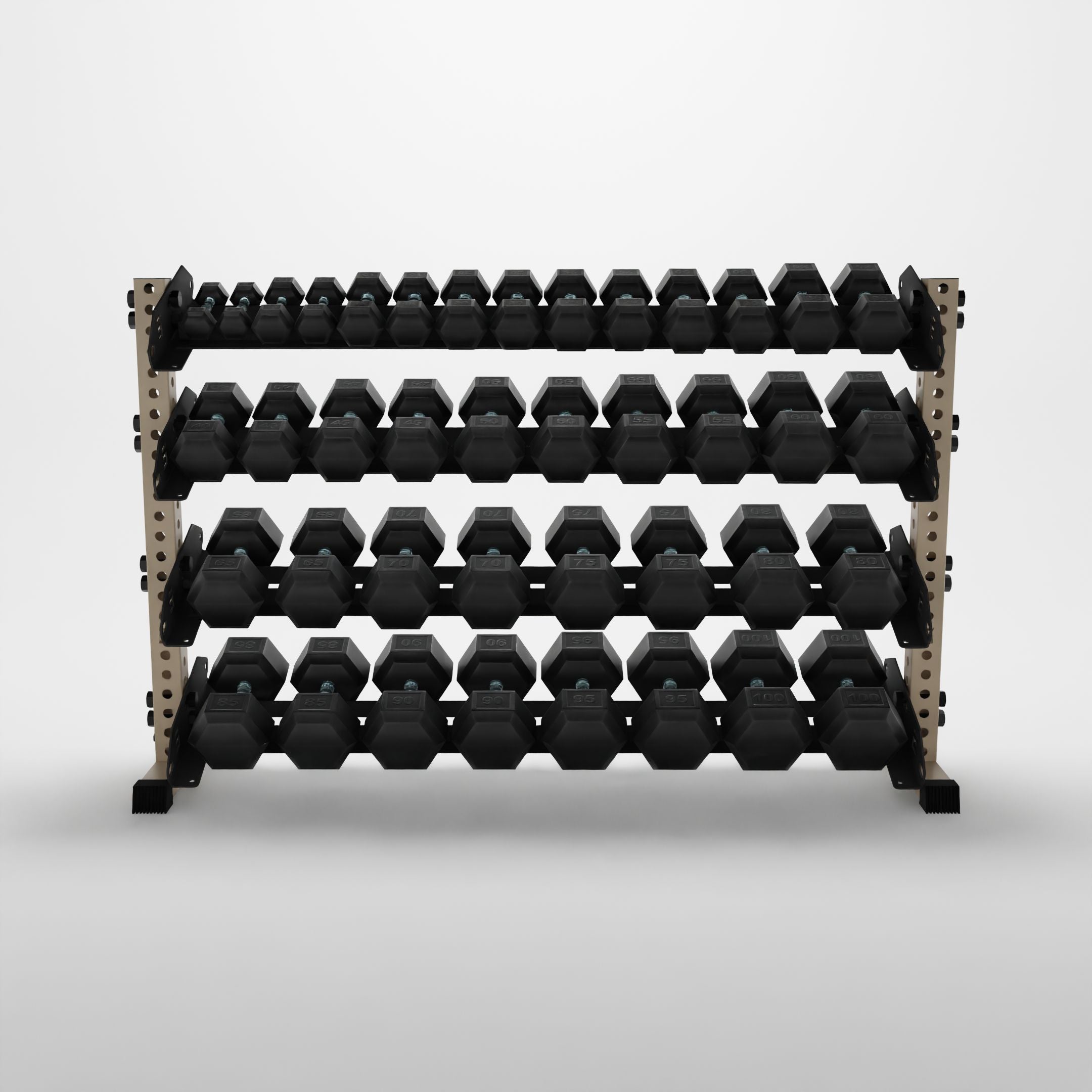 military tan 70-inch alpha 4-tier horizontal dumbbell rack storing hex dumbbells