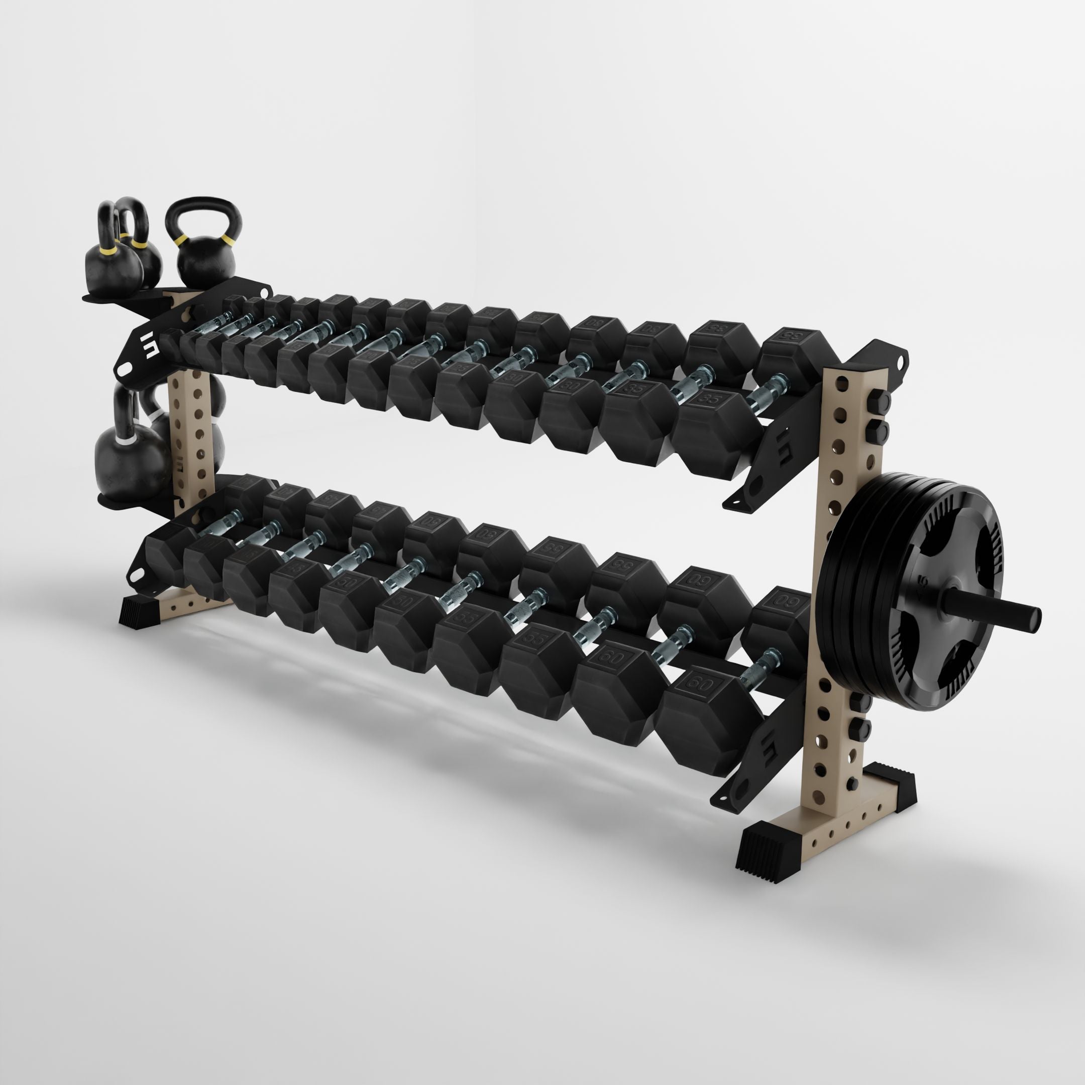 military tan 70-inch bravo 2-tier horizontal dumbbell rack storing dumbbells, weight plates, and kettlebells using storage attachment accessories