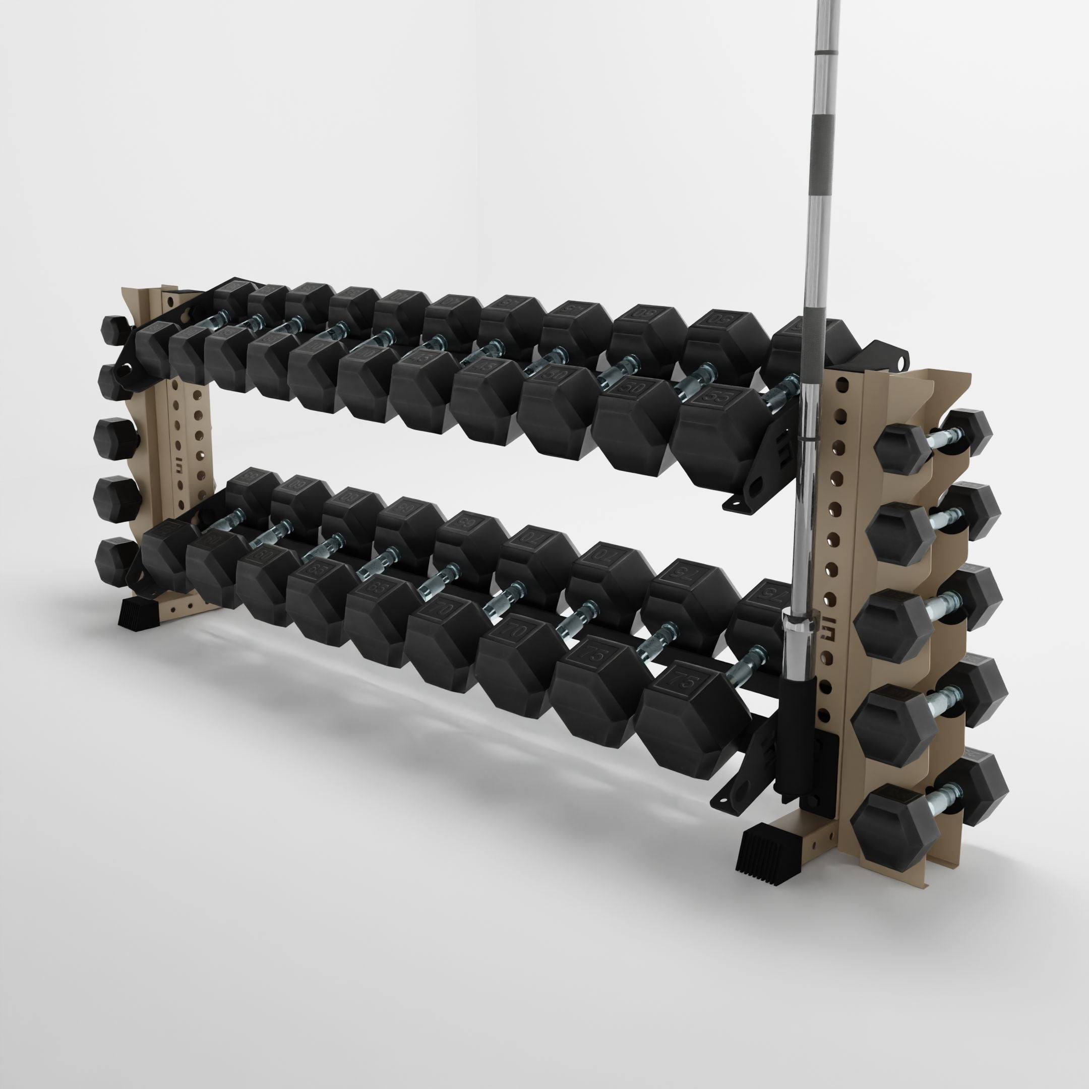 military tan 70-inch bravo 2-tier horizontal dumbbell rack with elite vertical add-ons storing dumbbells and a barbell using a storage attachment accessory