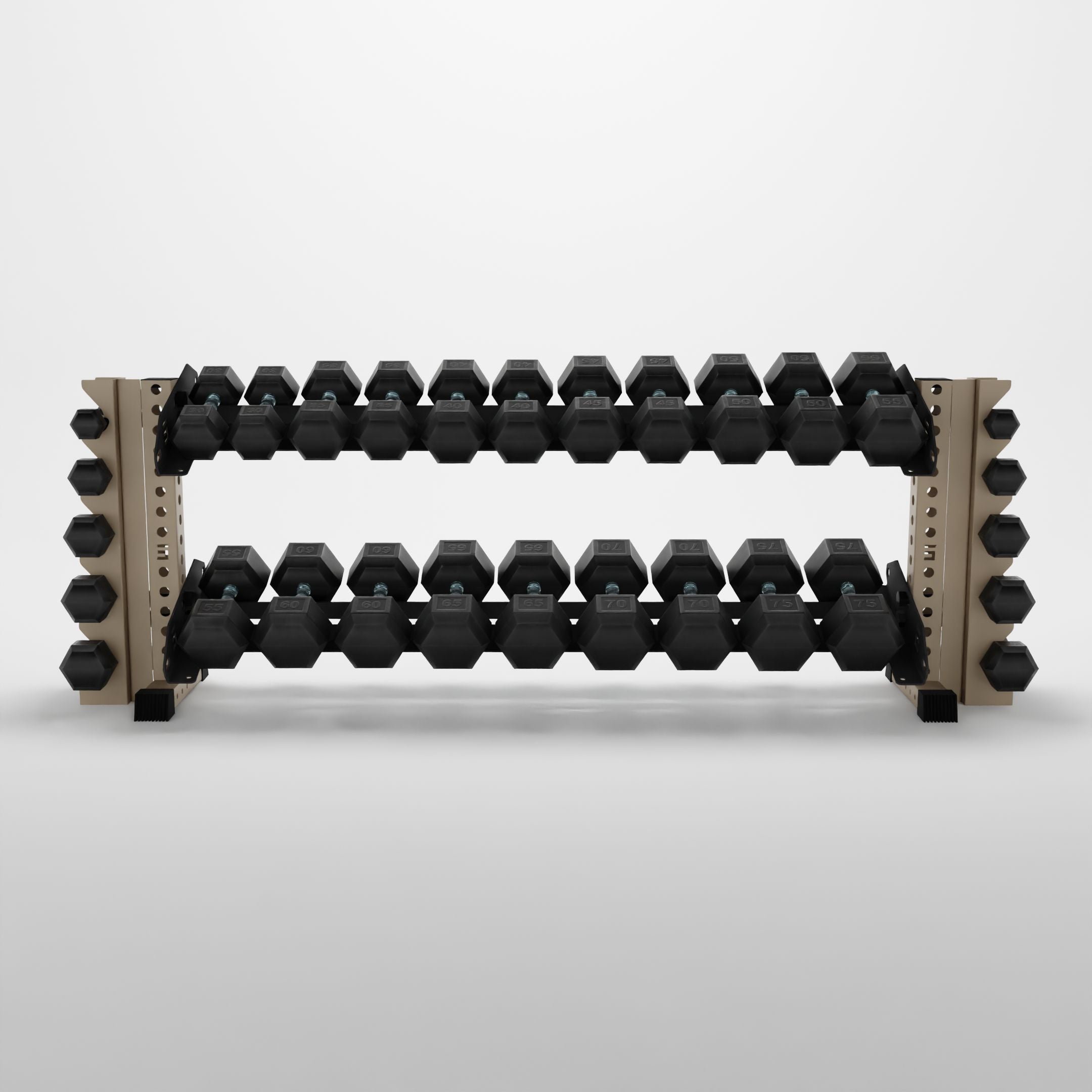 military tan 70-inch bravo 2-tier horizontal dumbbell rack with vertical add-ons storing hex dumbbells