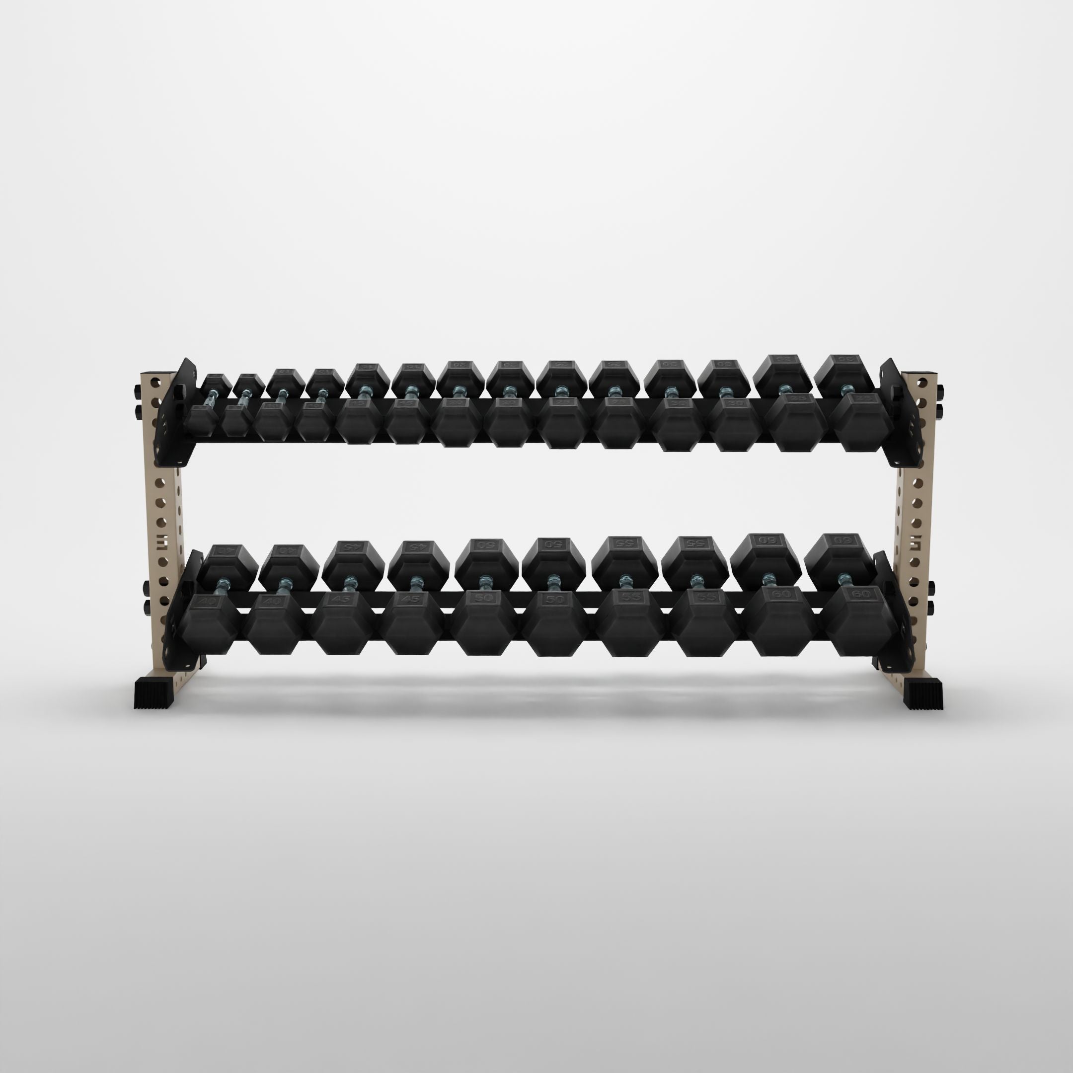 military tan 70-inch bravo 2-tier horizontal dumbbell rack storing hex dumbbells