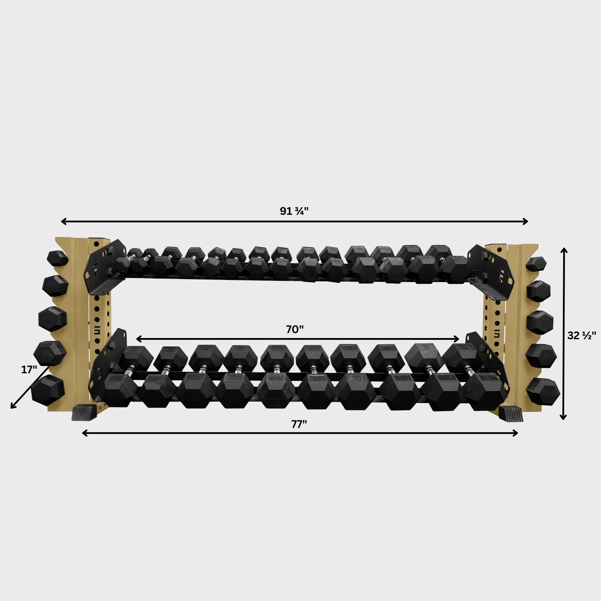 military tan 70-inch bravo 2-tier horizontal dumbbell storage rack loaded with hex dumbbells and its product dimensions