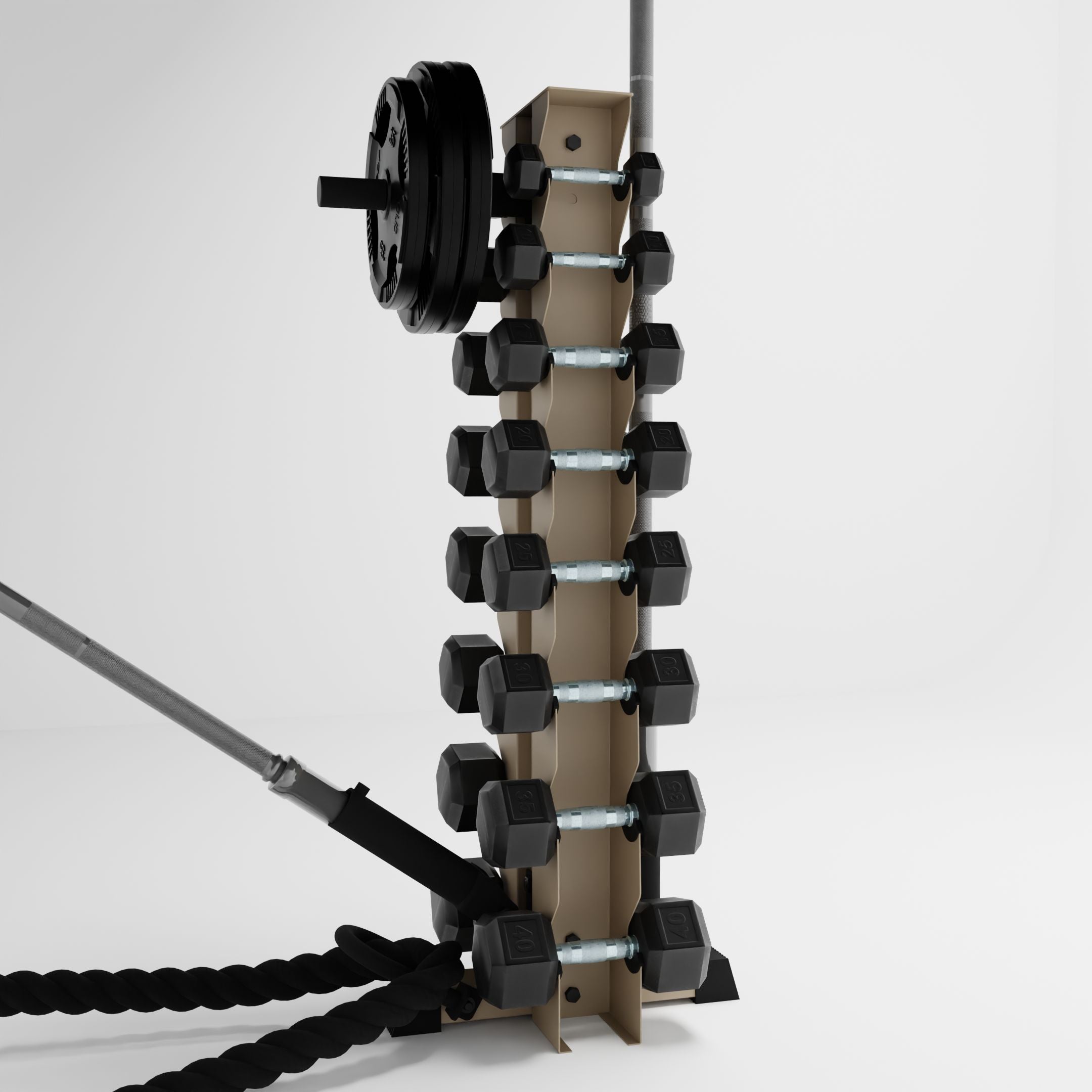 military tan alpha 8-tier vertical dumbbell storage rack storing dumbbells, weight plates, barbells, and a battle rope using storage attachment accessories