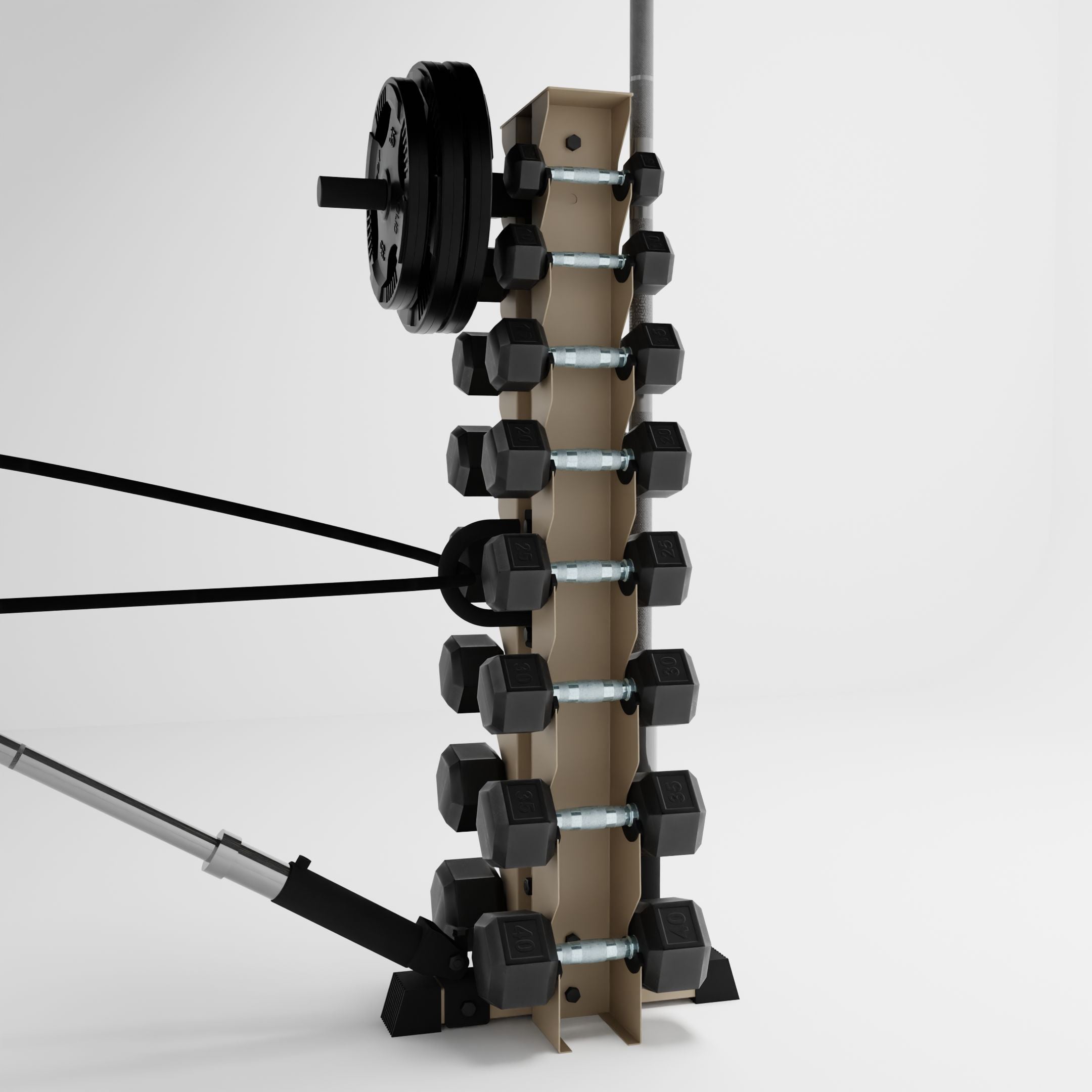 military tan alpha 8-tier vertical dumbbell storage rack storing dumbbells, weight plates, barbells, and a resistance band using storage attachment accessories