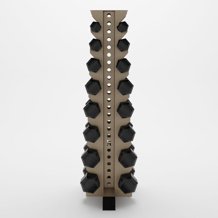 military tan alpha 8-tier vertical dumbbell storage rack storing hex dumbbells