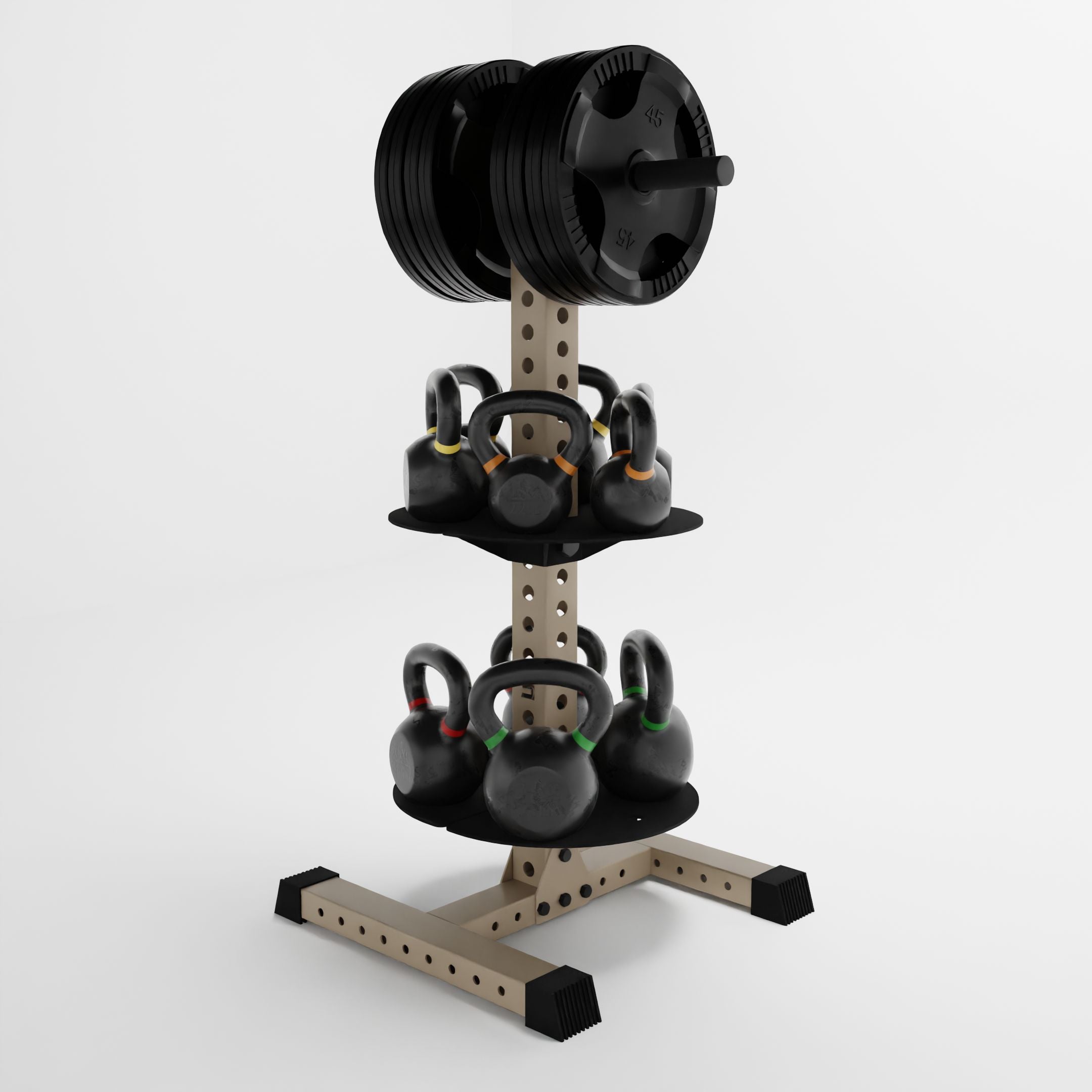 military tan alpha pk vertical hybrid plate and kettlebell storage rack storing weight plates and kettlebells side view