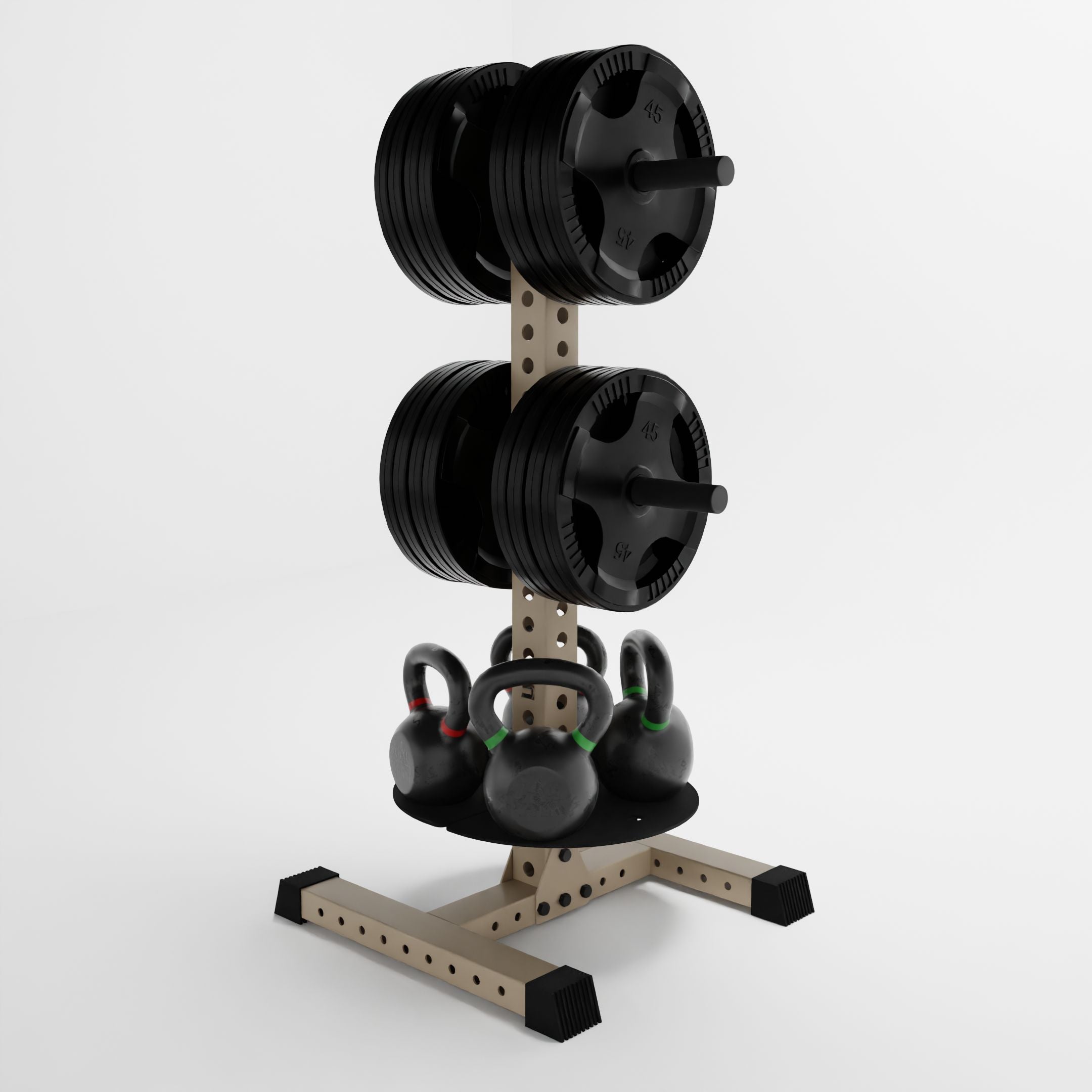 military tan alpha pk vertical hybrid plate and kettlebells storage rack storing weight plates and kettlebells side view