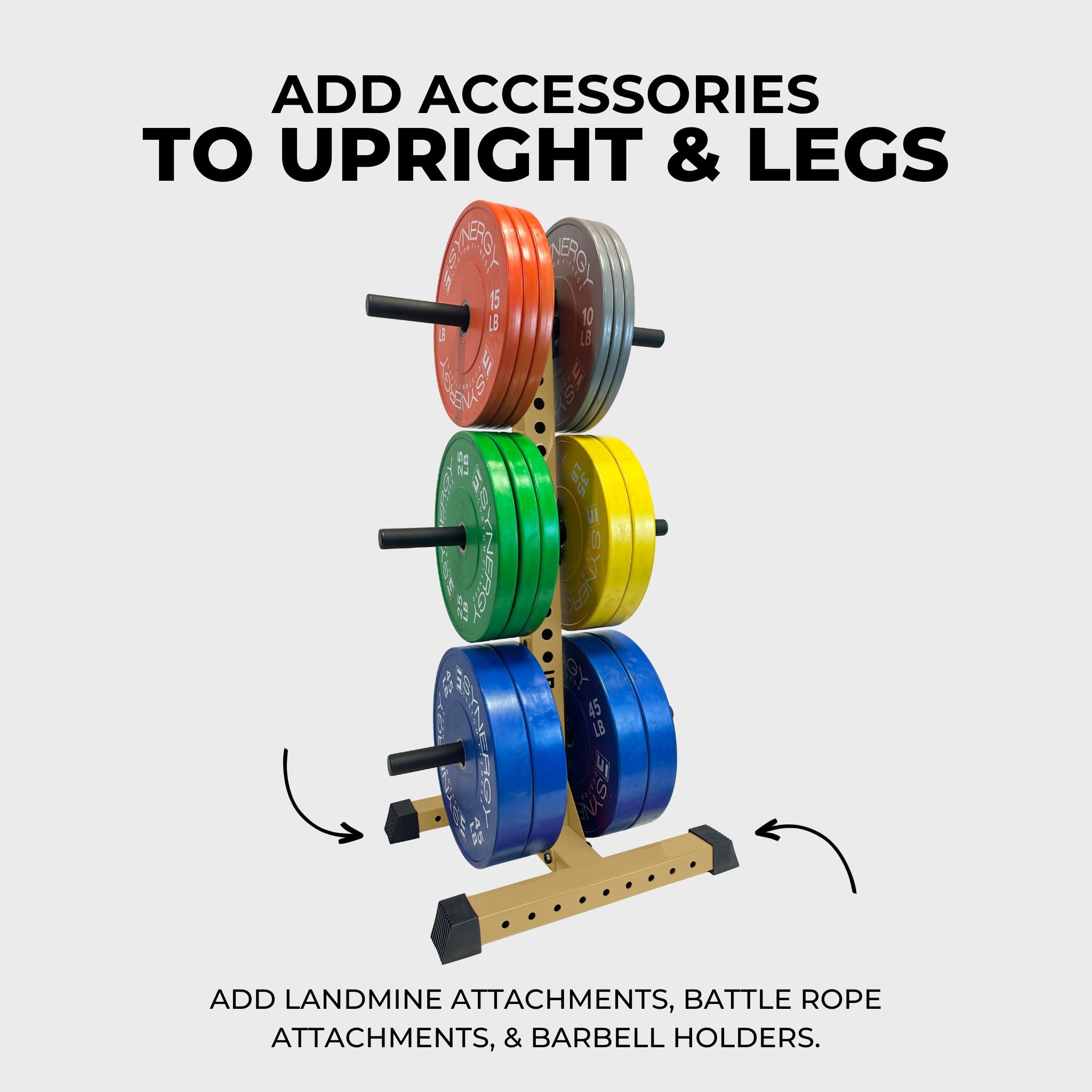 military tan alpha vertical weight plate storage tree with six weight plate holders holding various weight plates and text that reads "add accessories to upright & legs, add landmine attachments, battle rope attachments, & barbell holders"