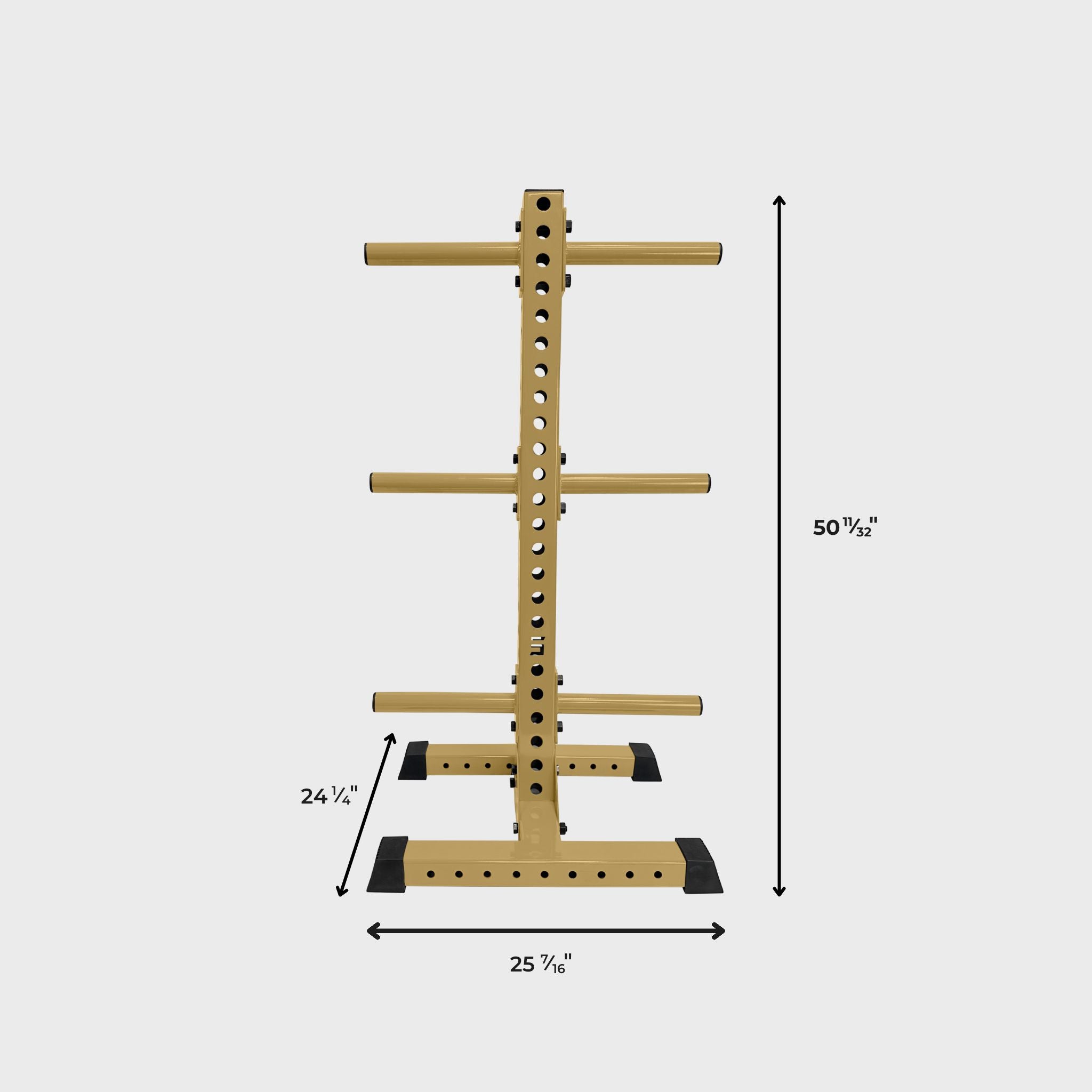 military tan alpha vertical weight plate storage tree with six weight plate holders and its dimensions: height 50 11/32 inches, length 25 7/16 inches, width 24 1/4 inches