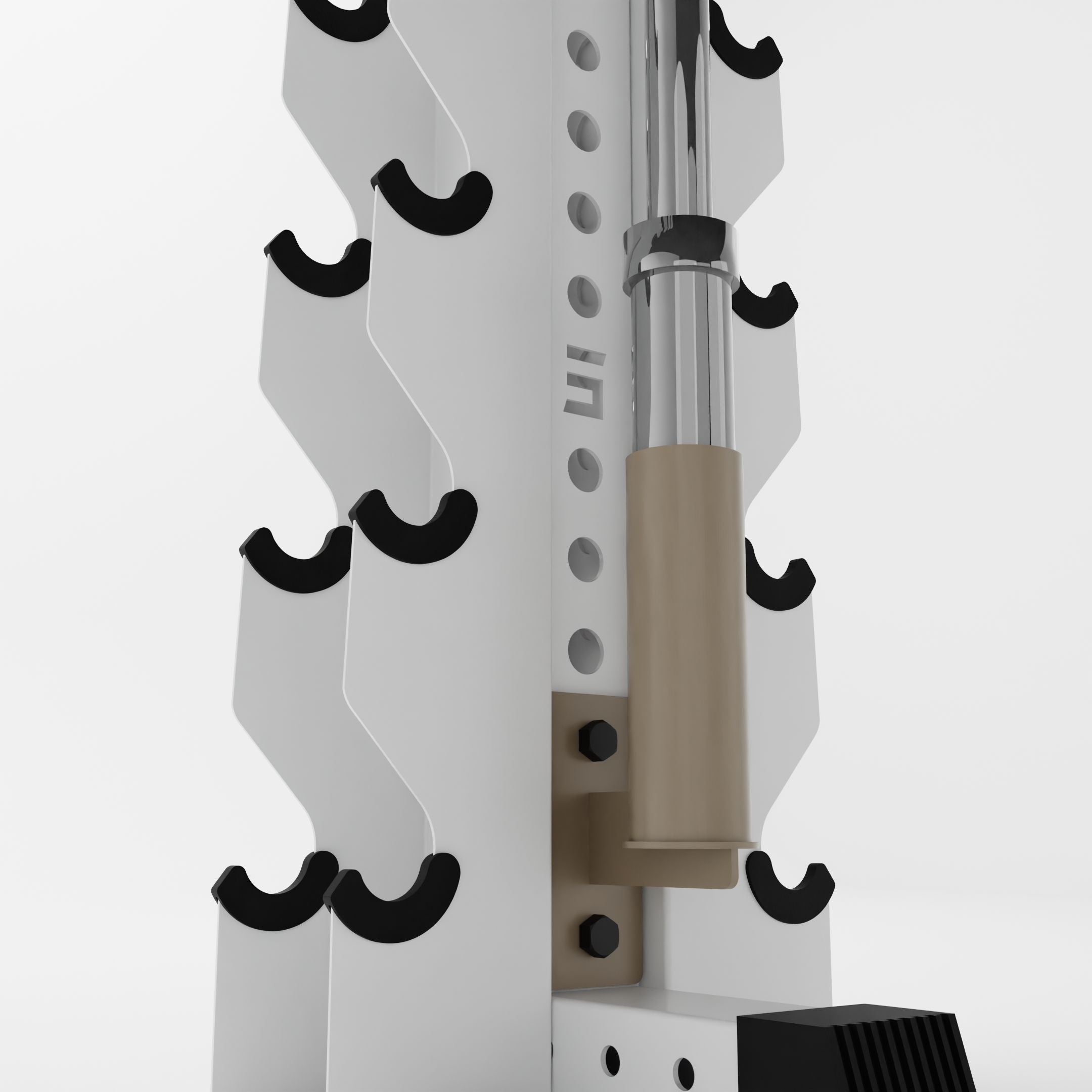 military tan barbell holder attachment for a 3x3 upright holding a barbell