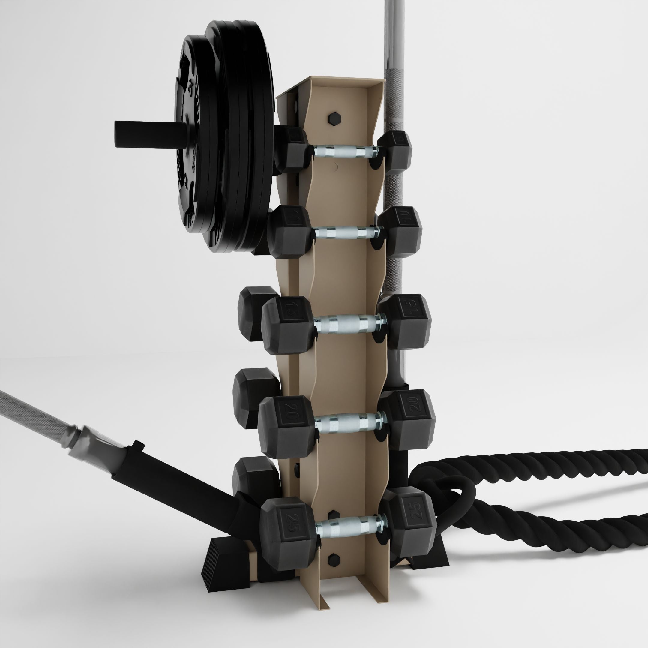 military tan bravo 5-tier vertical dumbbells storage rack storing dumbbells, weight plates, barbells, and a battle rope using storage attachment accessories