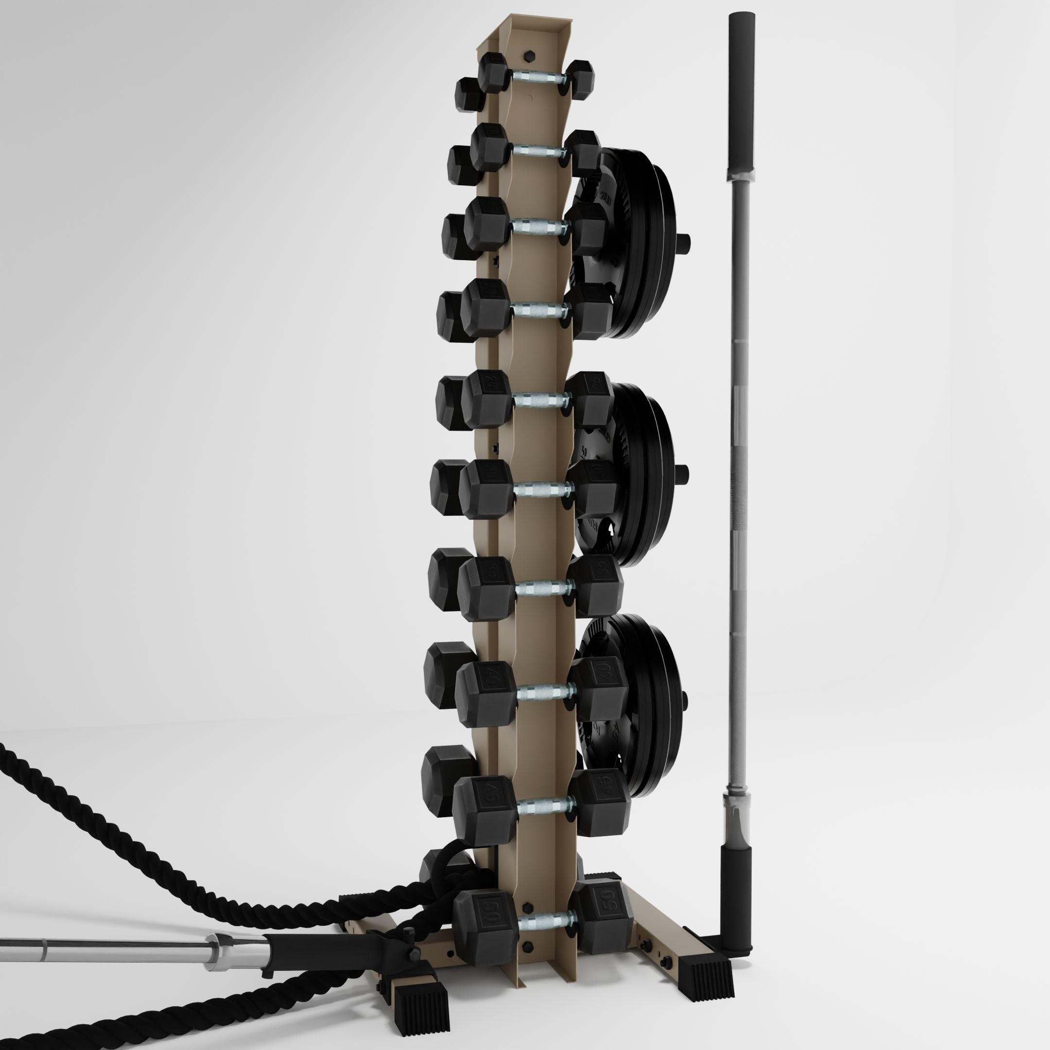 military tan delta 10-tier vertical dumbbell storage rack storing dumbbells, weight plates, barbells, and a battle rope using storage attachment accessories