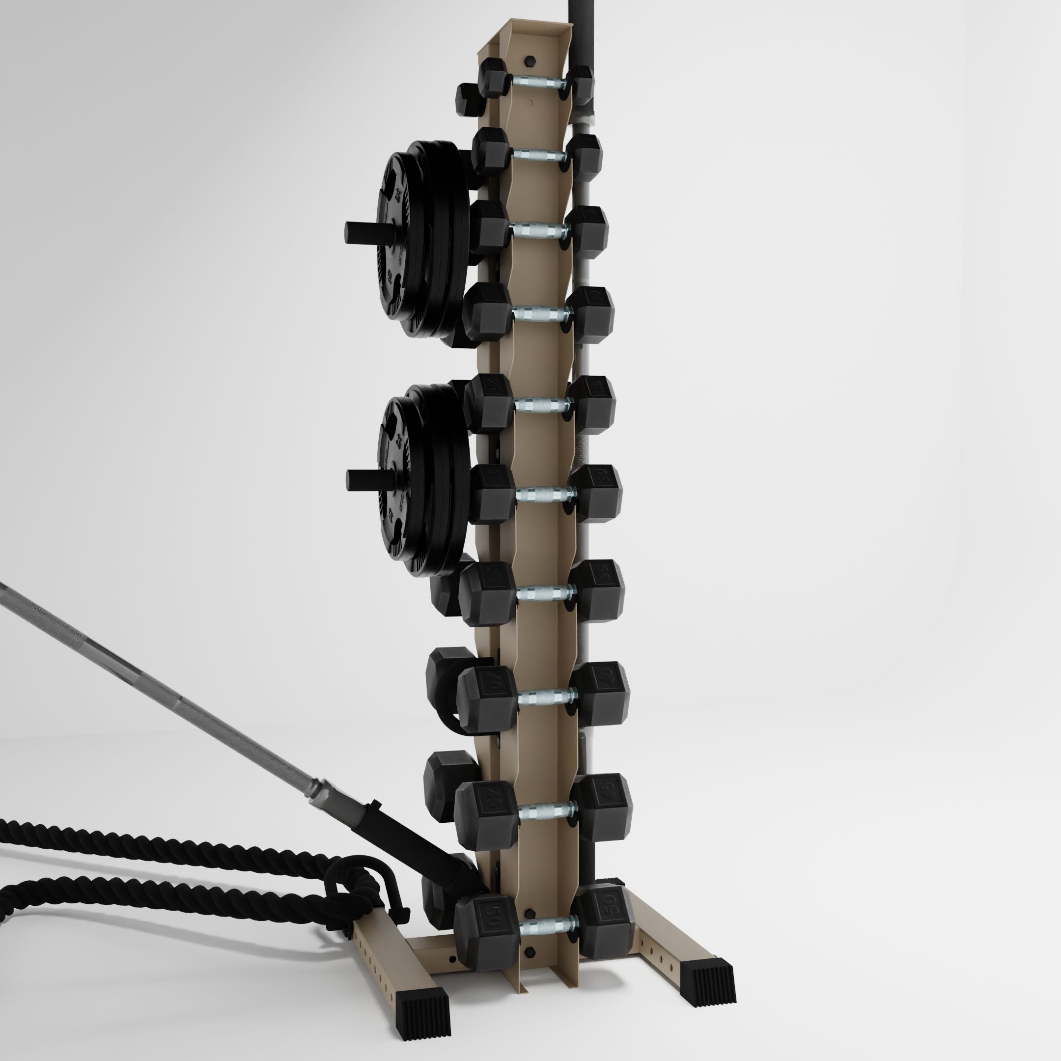 military tan delta 10-tier vertical dumbbell storage rack storing dumbbells, weight plates, barbells, and a battle rope using storage attachment accessories