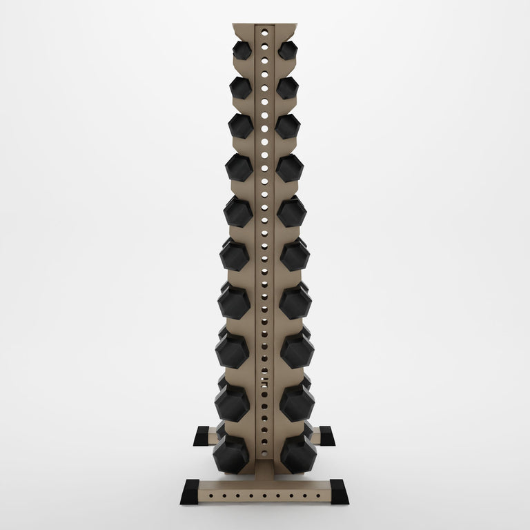 military tan delta 10-tier vertical dumbbell storage rack storing hex dumbbells