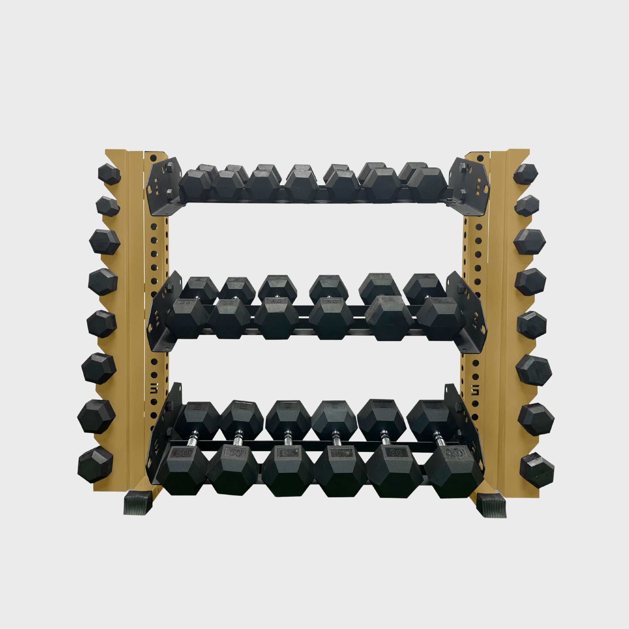 43 inch military tan alpha 3-tier horizontal dumbbell rack loaded with hex dumbbells and vertical add-ons