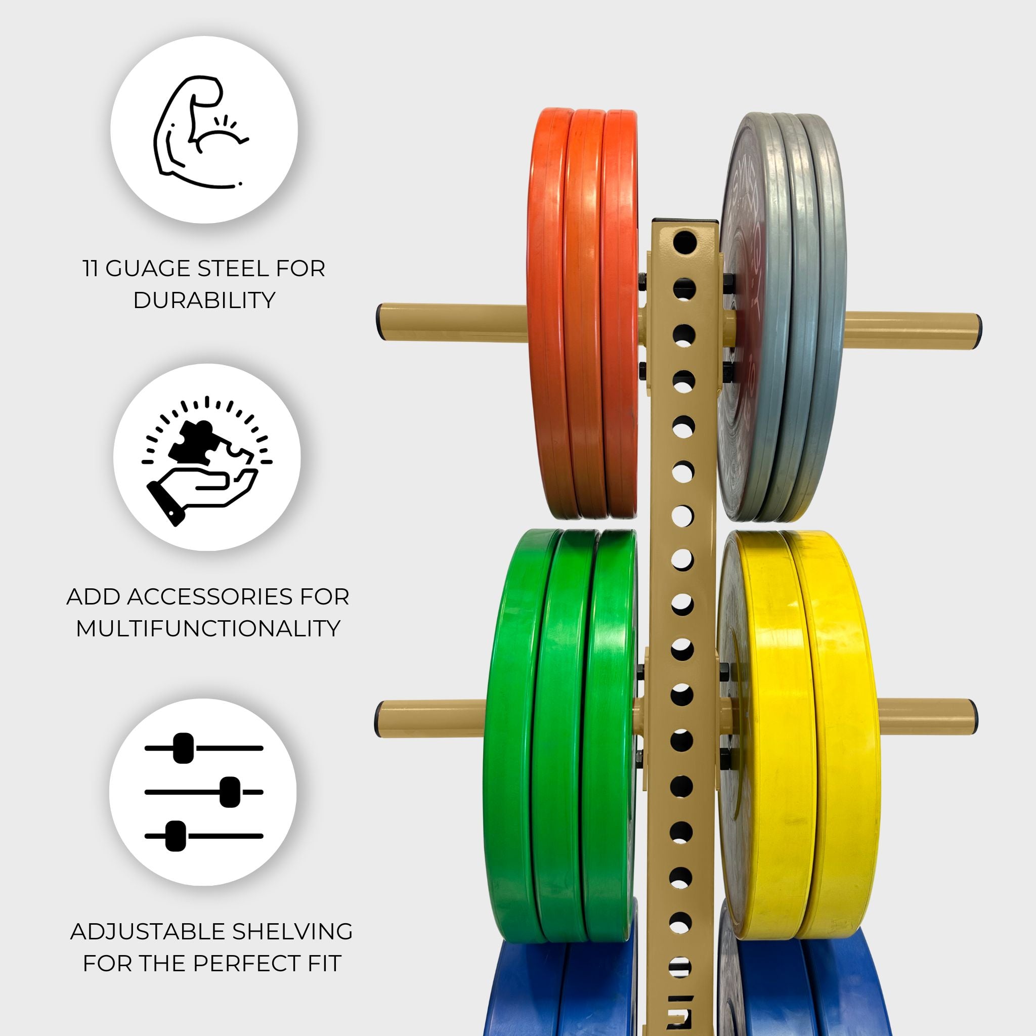 military tan vertical weight plate storage tree with six weight plate holders holding various weight plates and text that reads "11 gauge steel for durability, add accessories for multifunctionality, adjustable shelving for the perfect fit"