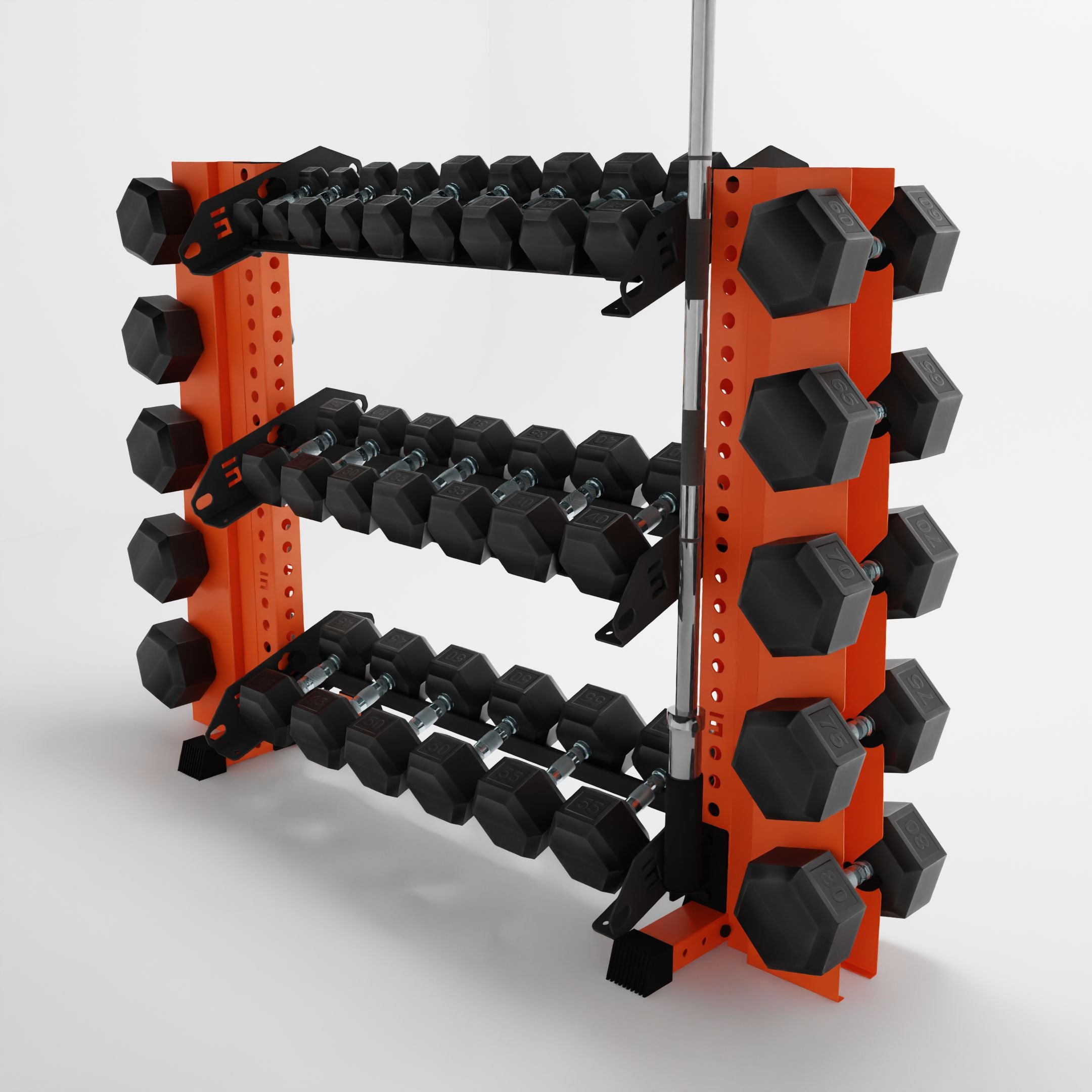 orange 43-inch alpha 3-tier horizontal dumbbell rack with elite vertical add-ons storing dumbbells and a barbell using a storage attachment accessory