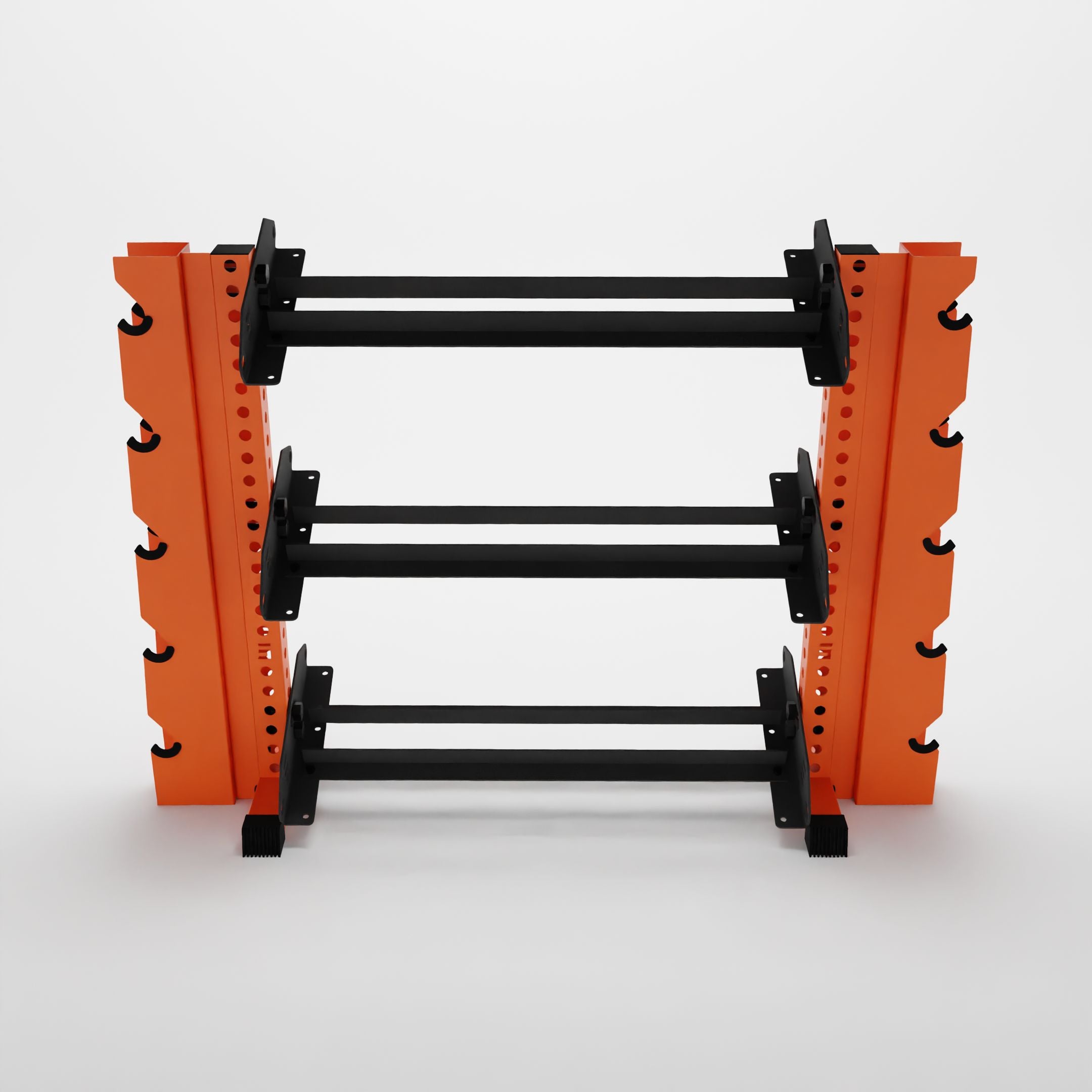 orange 43-inch alpha 3-tier horizontal dumbbell rack with elite vertical add-ons