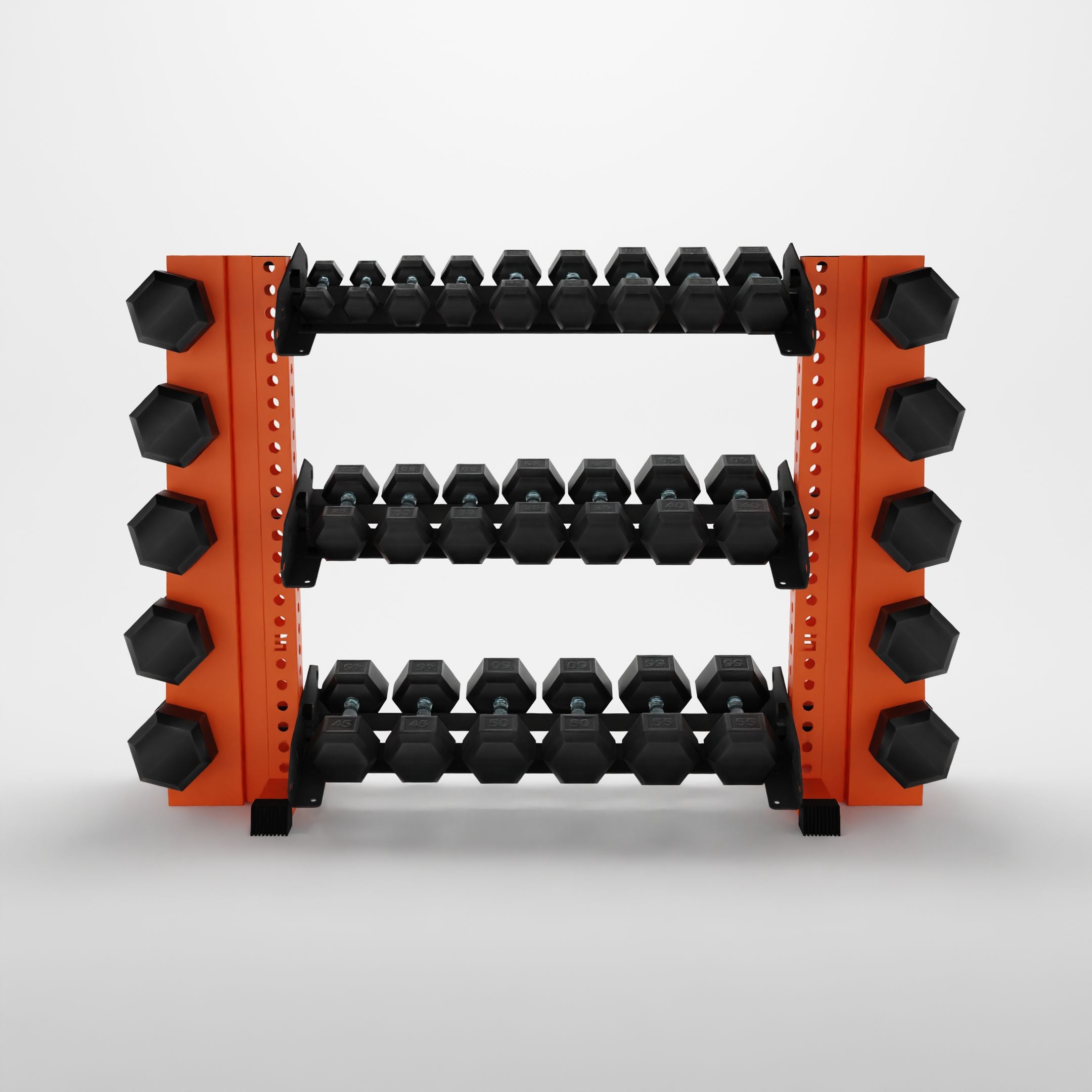 orange 43-inch alpha 3-tier horizontal dumbbell rack with elite vertical add-ons storing hex dumbbells