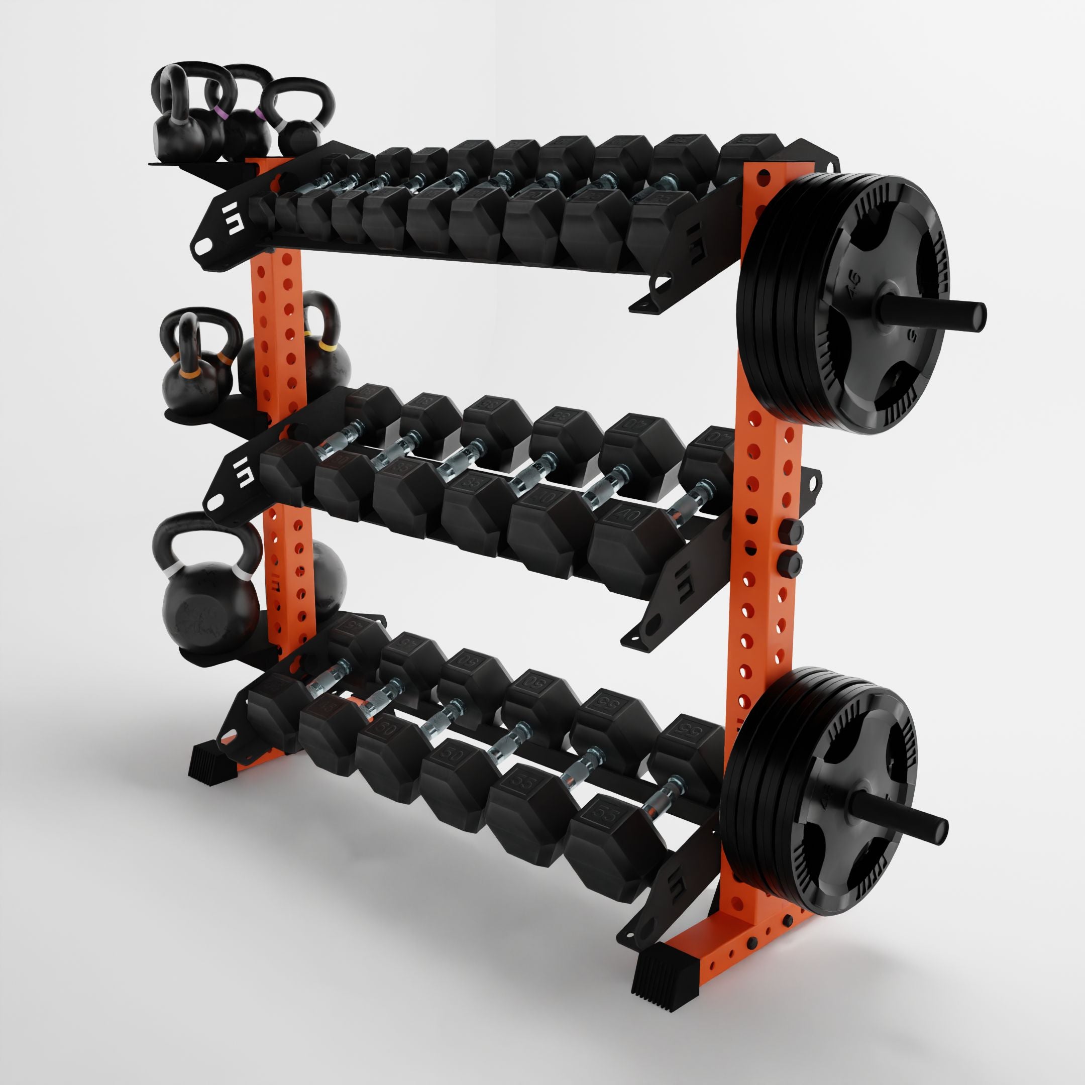 orange 43-inch alpha 3-tier horizontal dumbbell rack storing dumbbells, weight plates, and kettlebells using storage attachment accessories