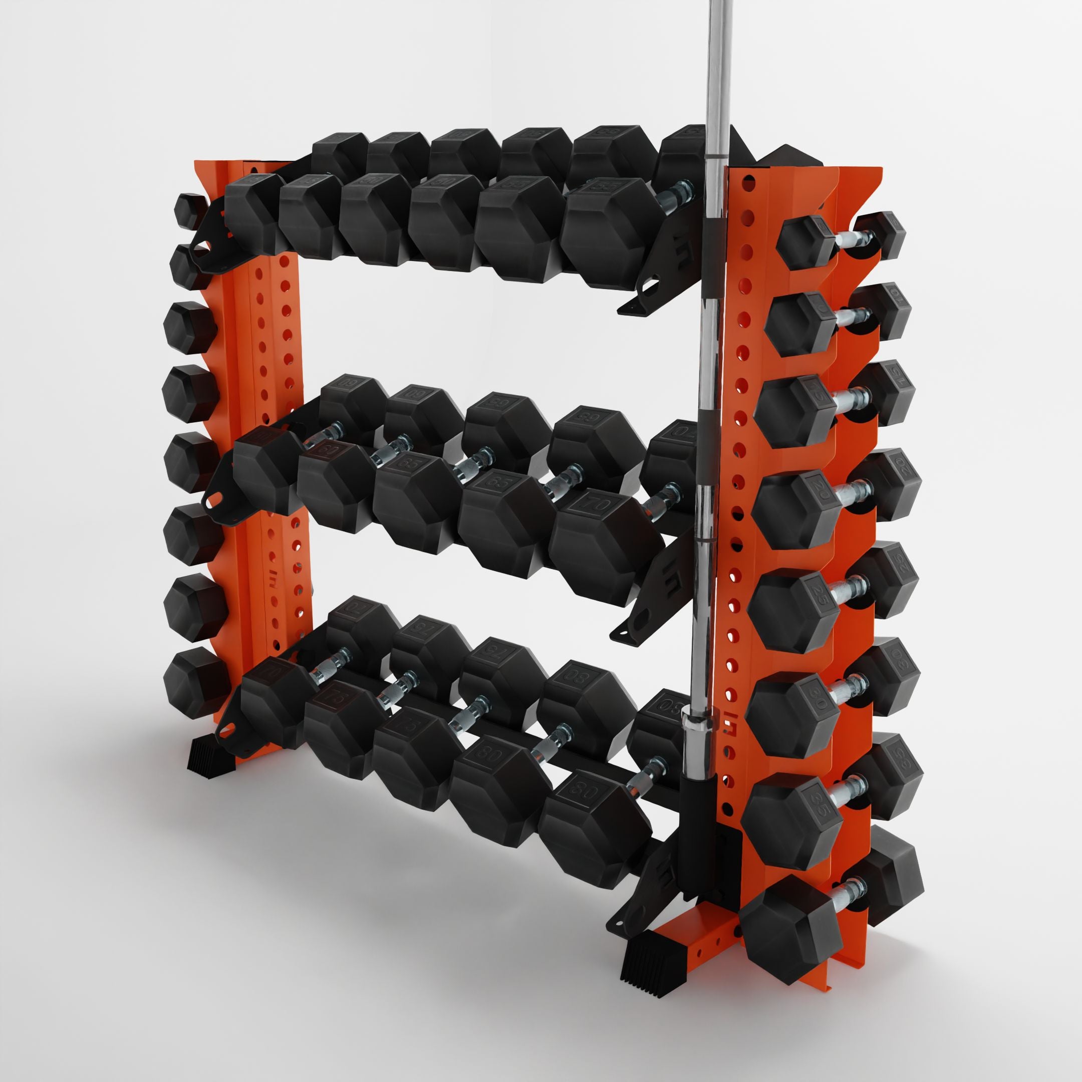 orange 43-inch alpha 3-tier horizontal dumbbell rack with vertical add-ons storing dumbbells and a barbell using a storage attachment accessory