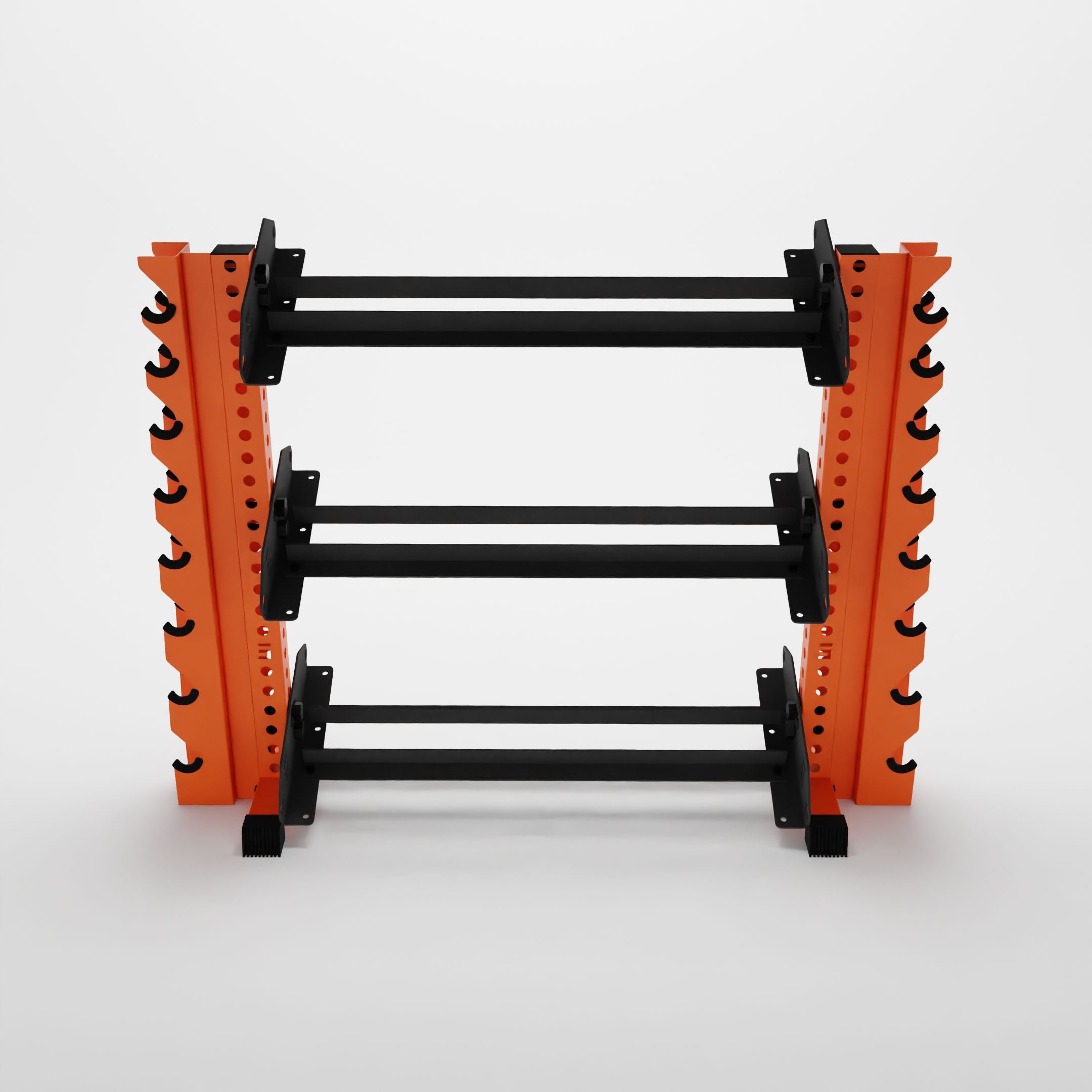 orange 43-inch alpha 3-tier horizontal dumbbell rack with vertical add-ons