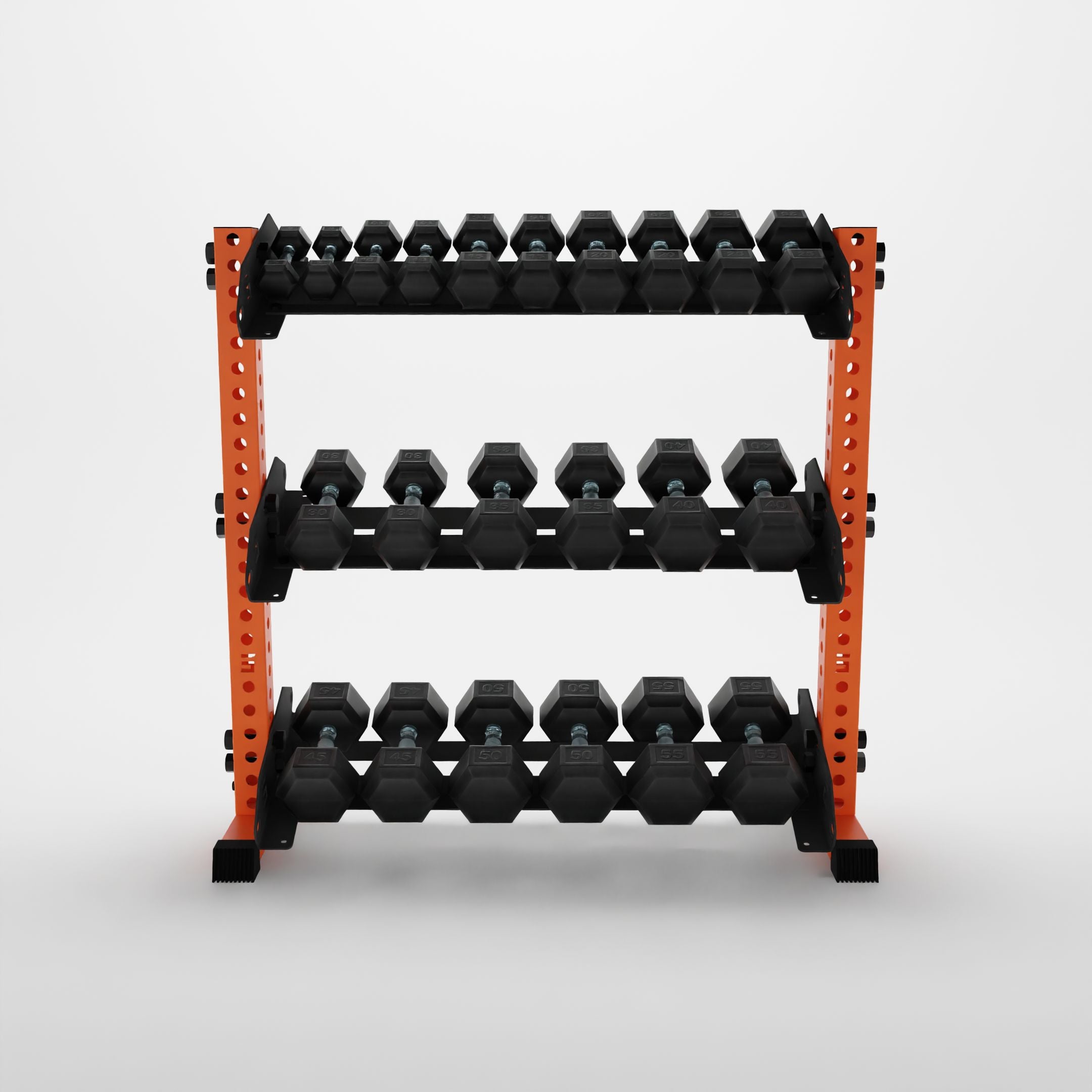 orange 43-inch alpha 3-tier horizontal dumbbell rack storing hex dumbbells