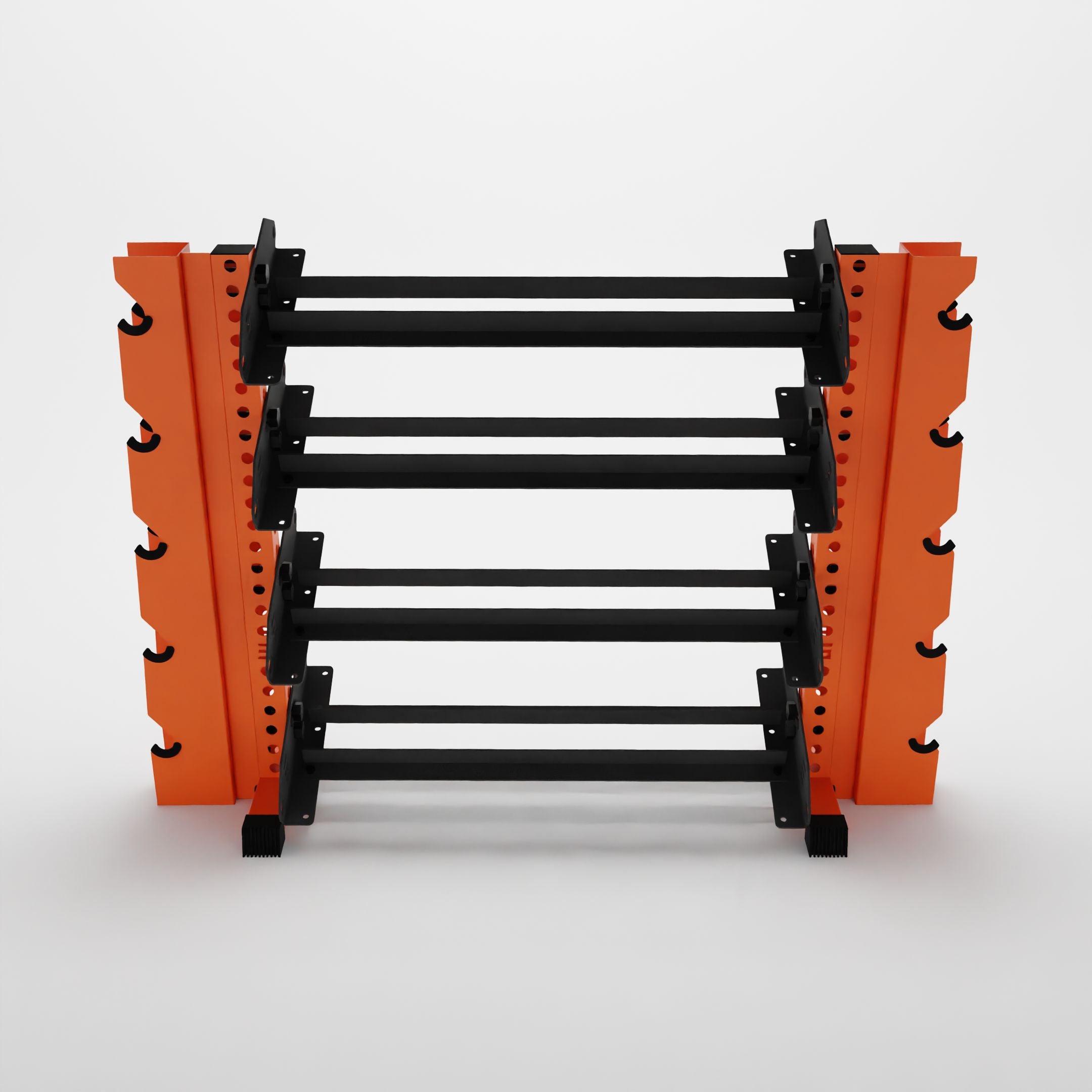 orange 43-inch alpha 4-tier horizontal dumbbell rack with elite vertical add-ons