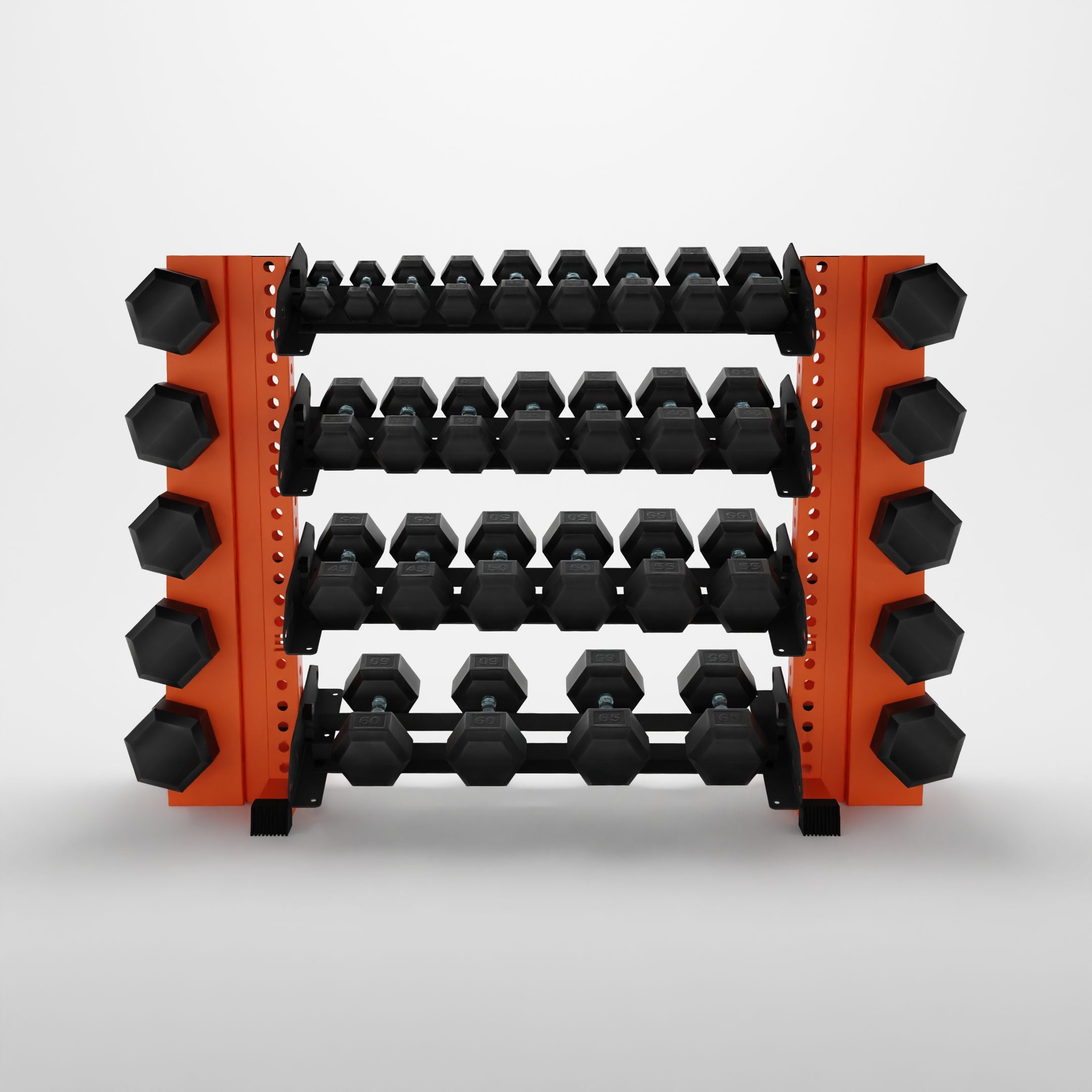 orange 43-inch alpha 4-tier horizontal dumbbell rack with elite vertical add-ons storing hex dumbbells