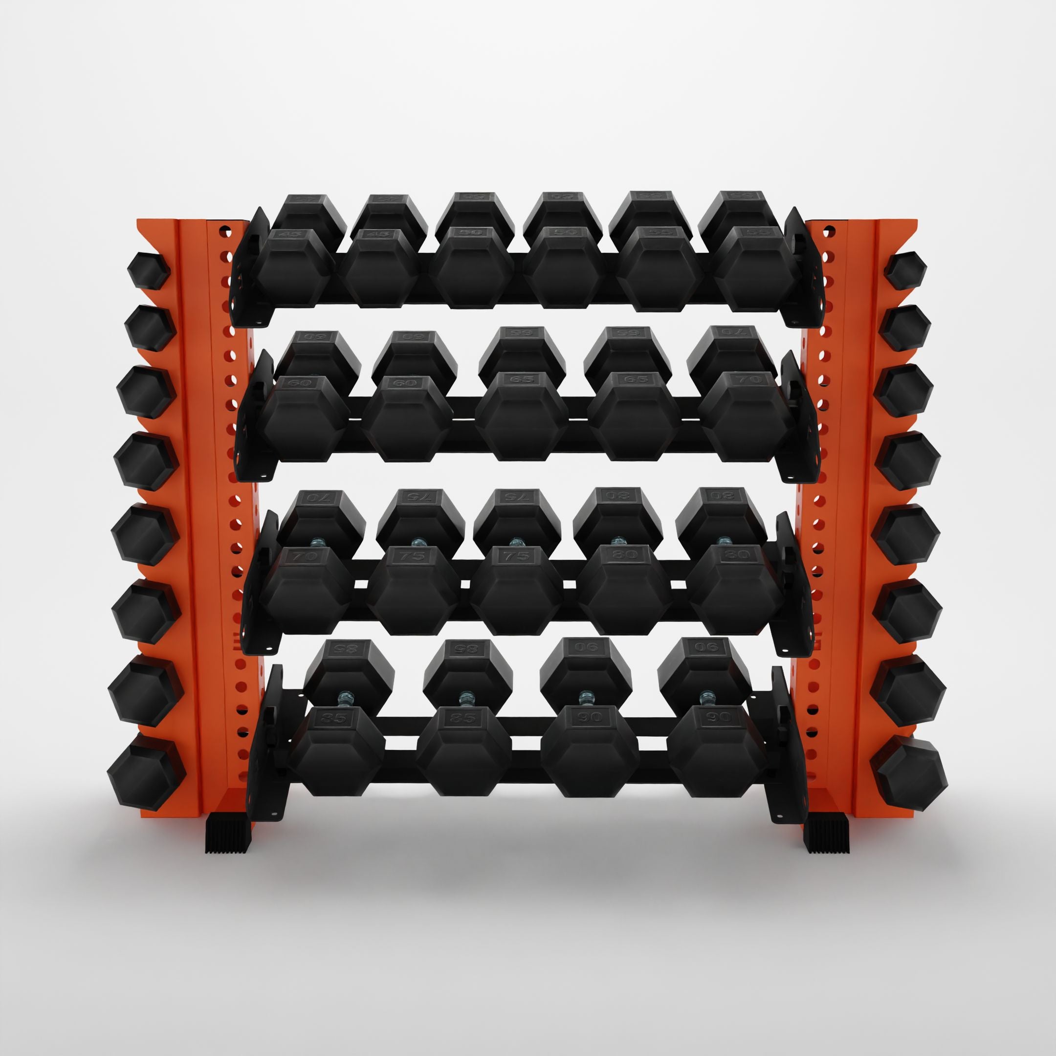 orange 43-inch alpha 4-tier horizontal dumbbell rack with vertical add-ons storing hex dumbbells