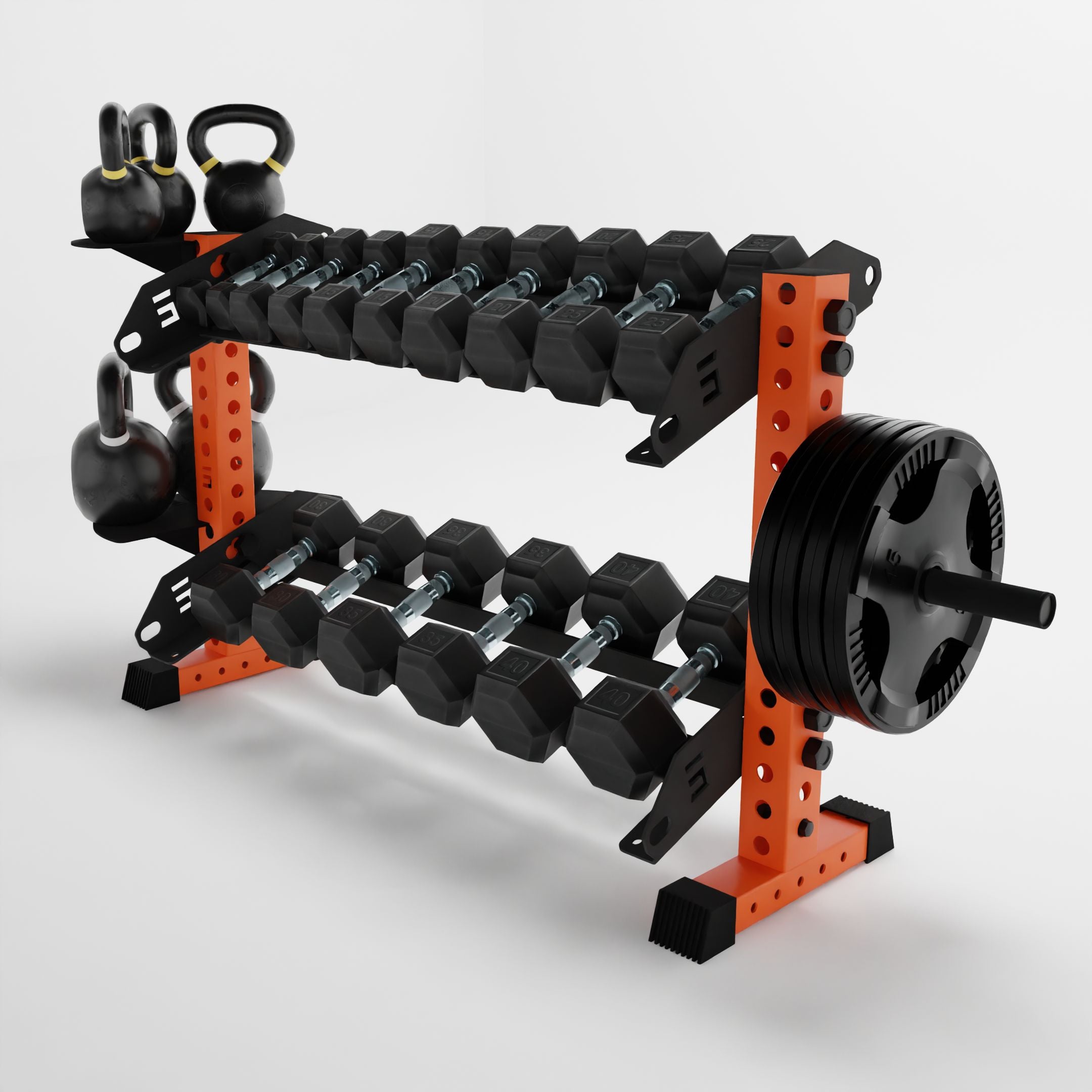 orange 43-inch bravo 2-tier horizontal dumbbell rack storing dumbbells, weight plates, and kettlebells using storage attachment accessories