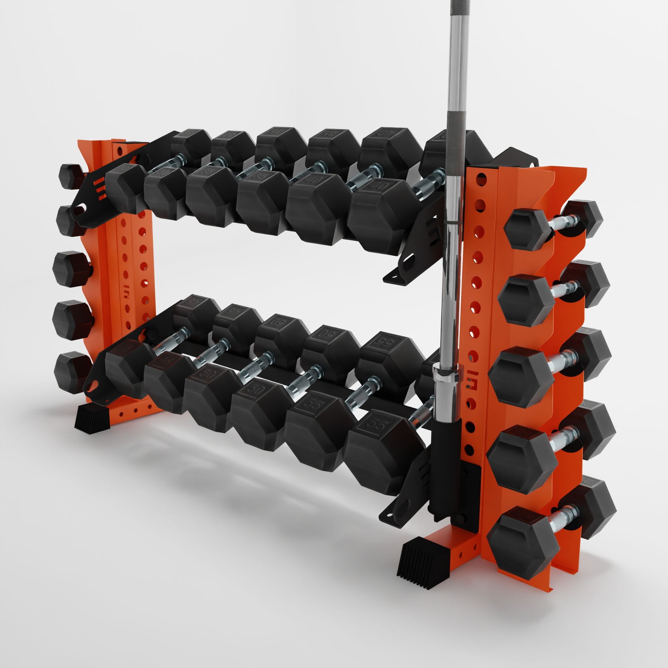 orange 43-inch bravo 2-tier horizontal dumbbell rack with vertical add-ons storing dumbbells and a barbell using a storage attachment accessory