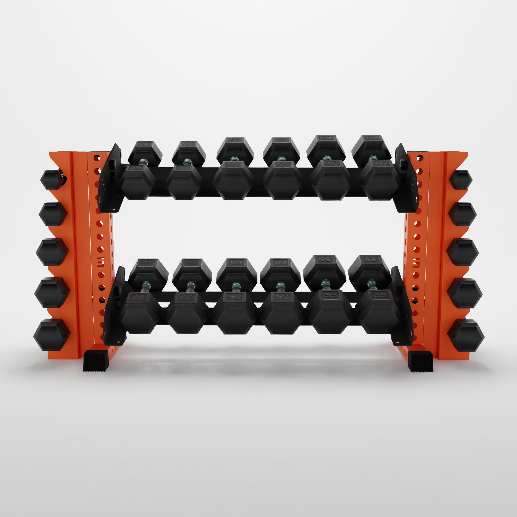 orange 43-inch bravo 2-tier horizontal dumbbell rack with vertical add-ons storing hex dumbbells