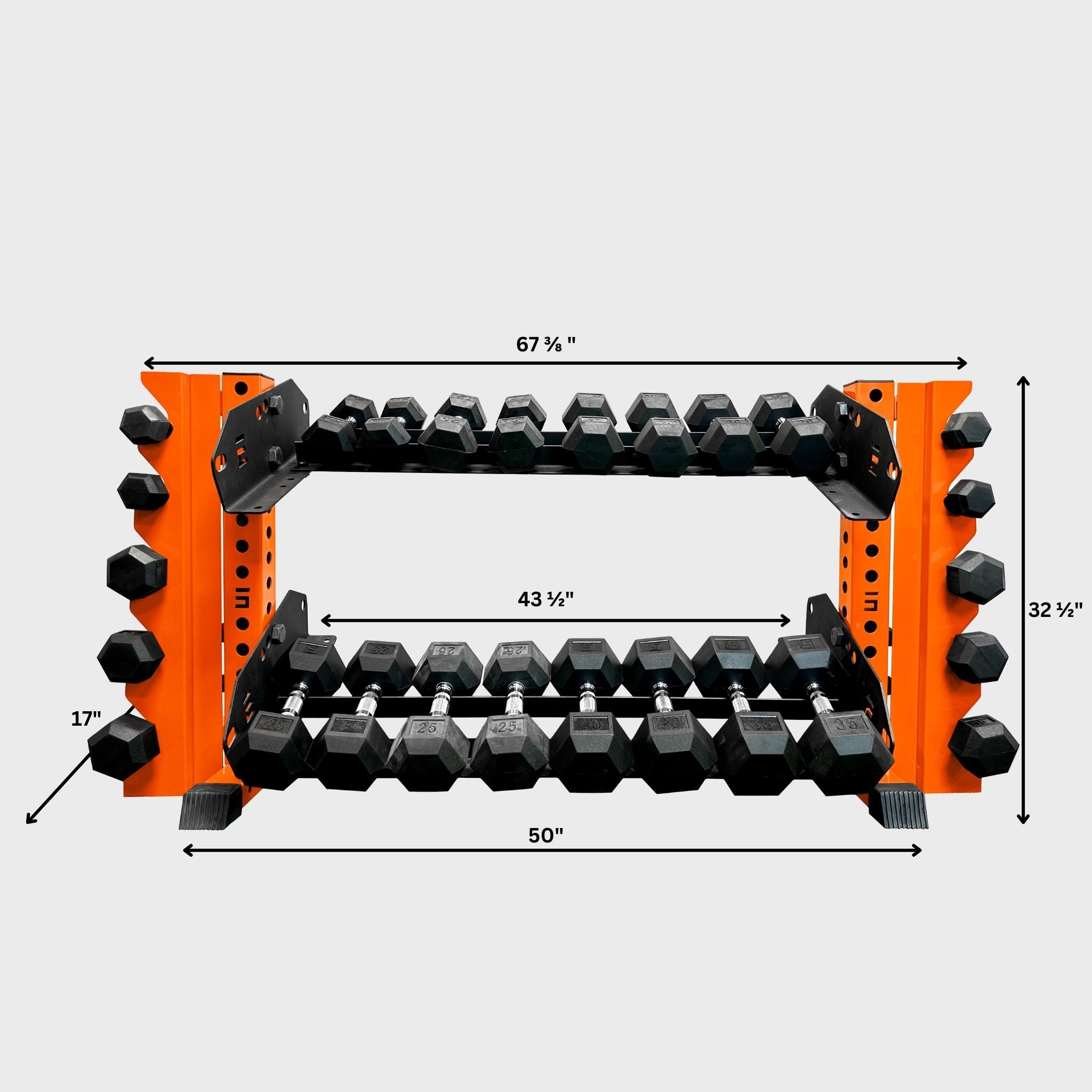 orange 43-inch bravo 2-tier horizontal dumbbell storage rack loaded with hex dumbbells and its product dimensions