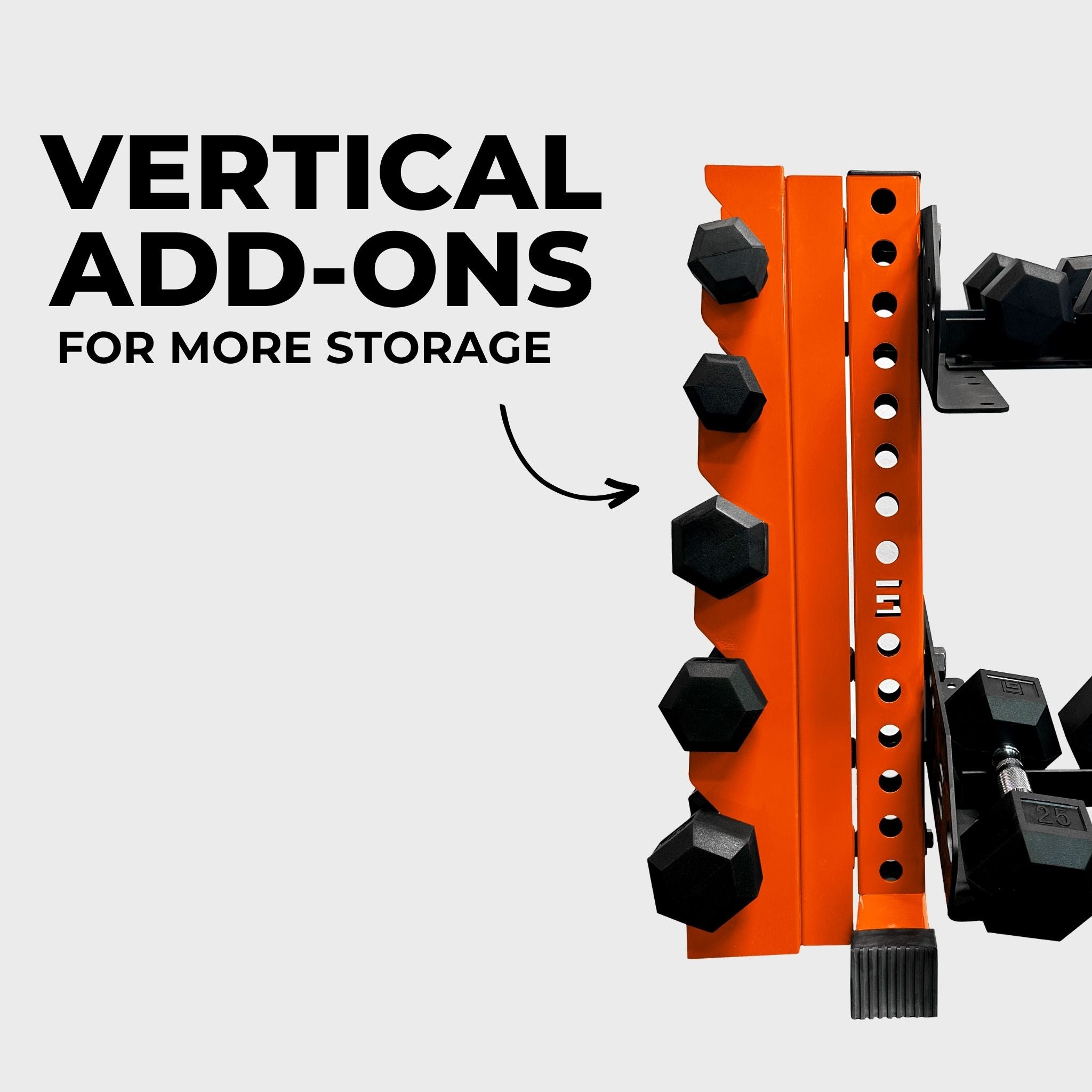 orange 43-inch bravo 2-tier horizontal dumbbell storage rack holding hex dumbbells with a vertical add-on and text reading "vertical add-ons for more storage"