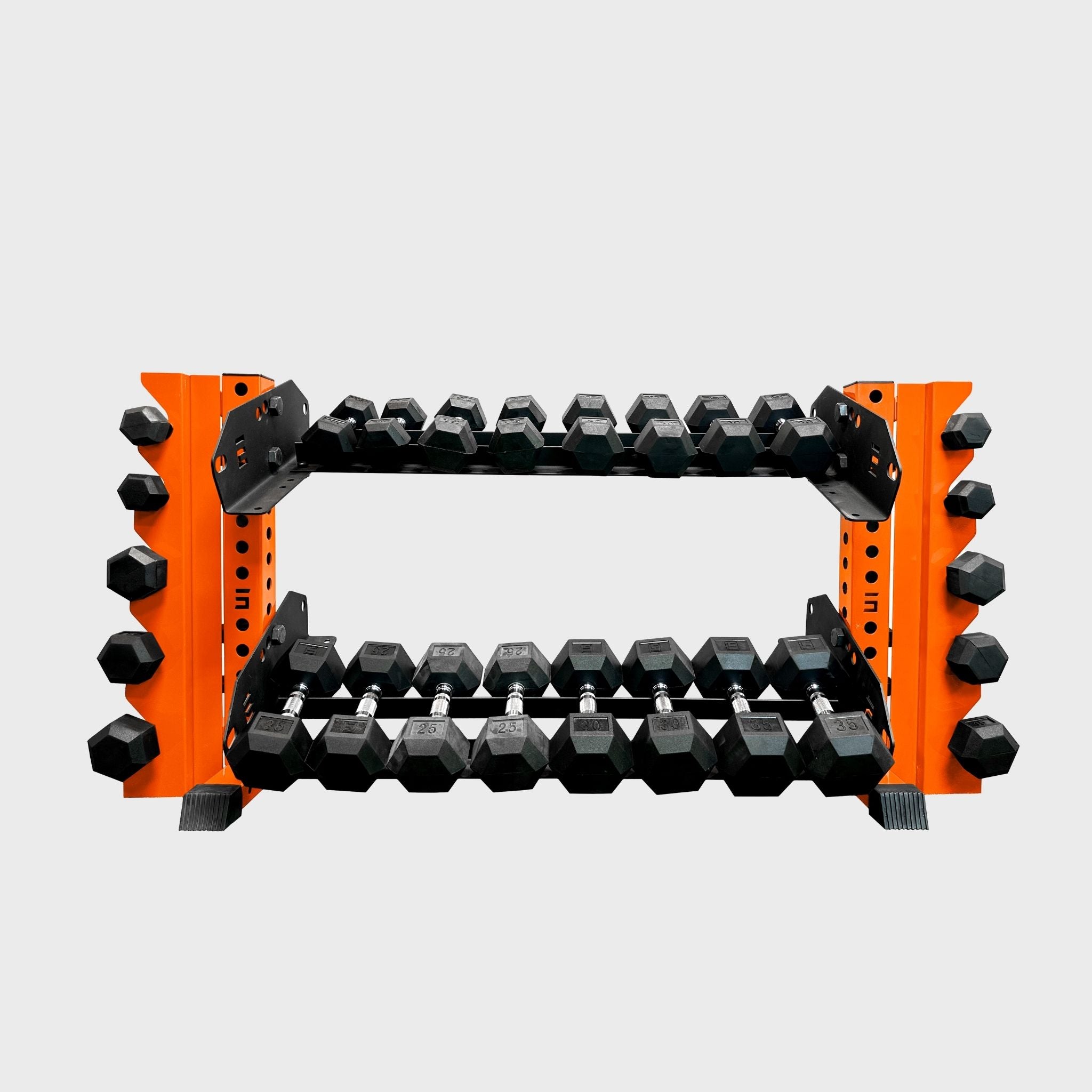 orange 43-inch bravo 2-tier horizontal dumbbell storage rack loaded with hex dumbbells