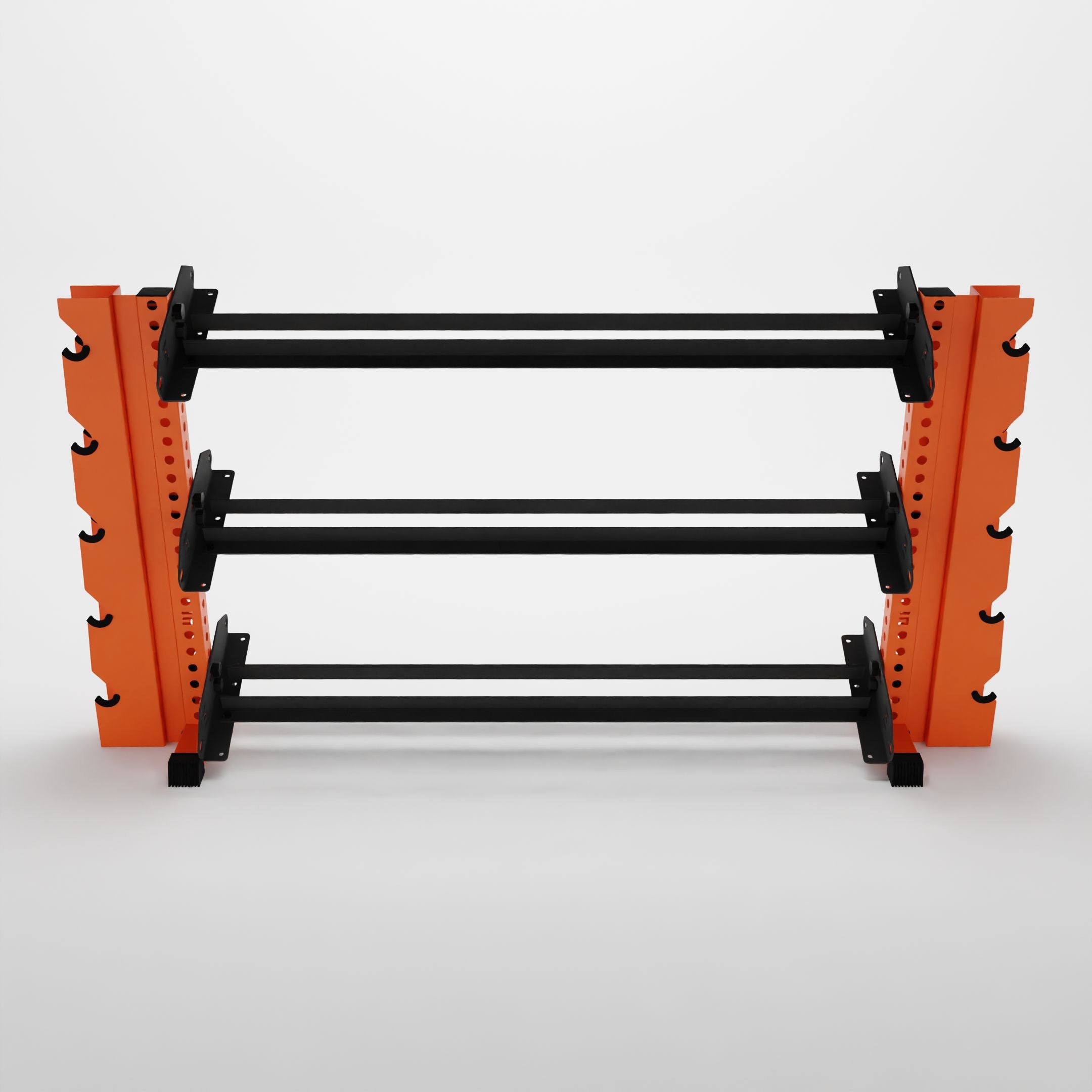 orange 70-inch alpha 3-tier horizontal dumbbell rack with elite vertical add-ons