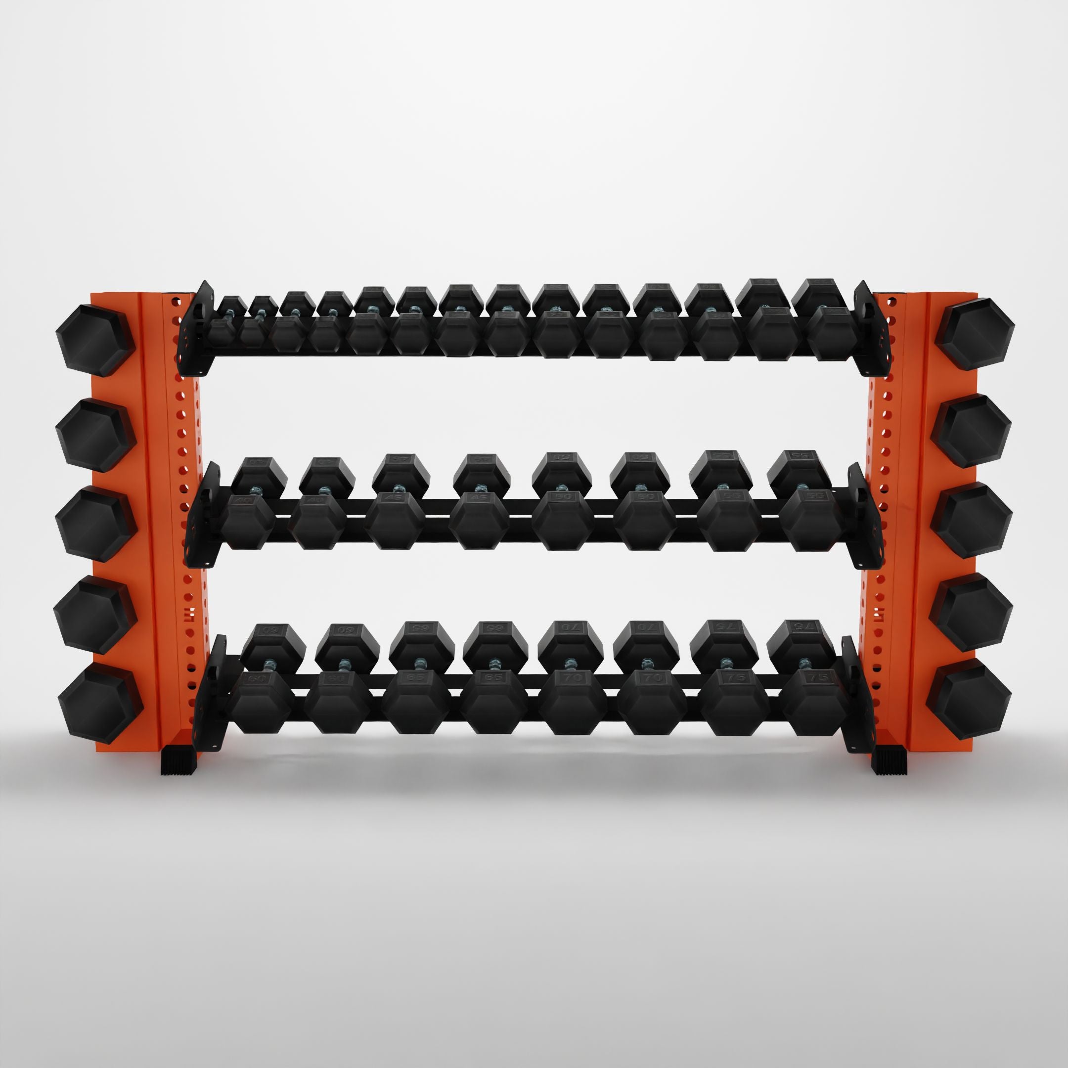 orange 70-inch alpha 3-tier horizontal dumbbell rack with elite vertical add-ons storing hex dumbbells