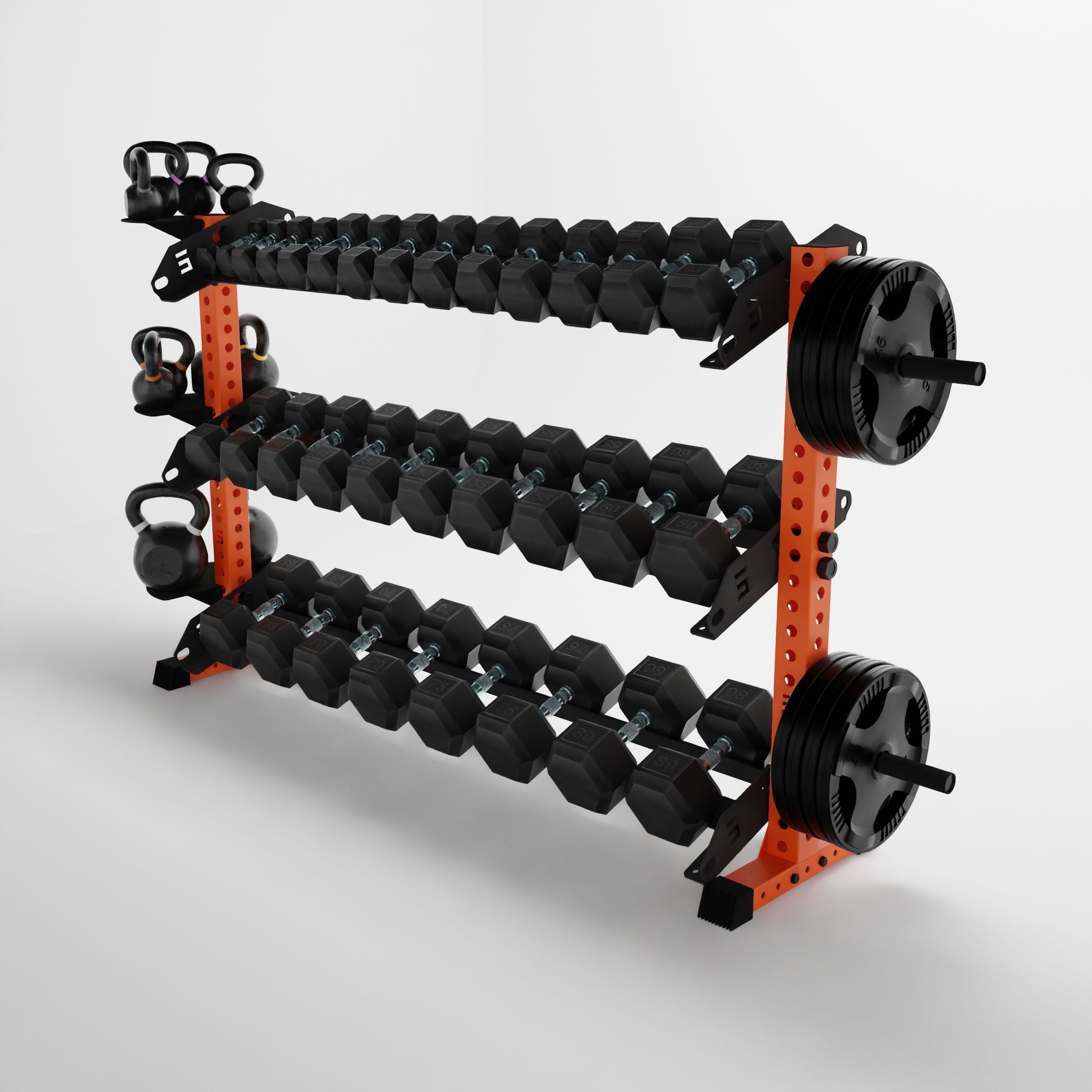 orange 70-inch alpha 3-tier horizontal dumbbell rack storing dumbbells, weight plates, and kettlebells using storage attachment accessories