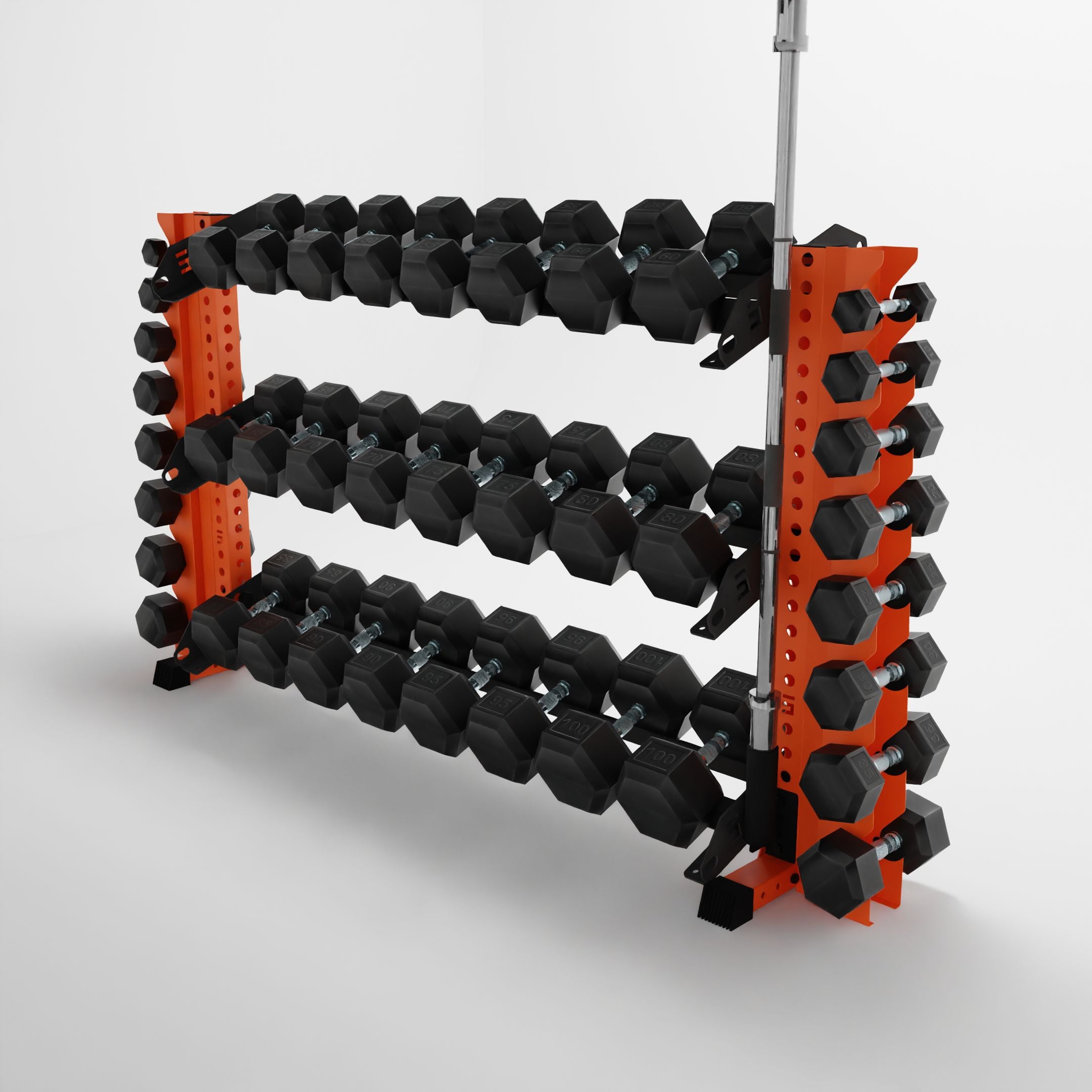 orange 70-inch alpha 3-tier horizontal dumbbell rack with vertical add-ons storing dumbbells and a barbell using a storage attachment accessory