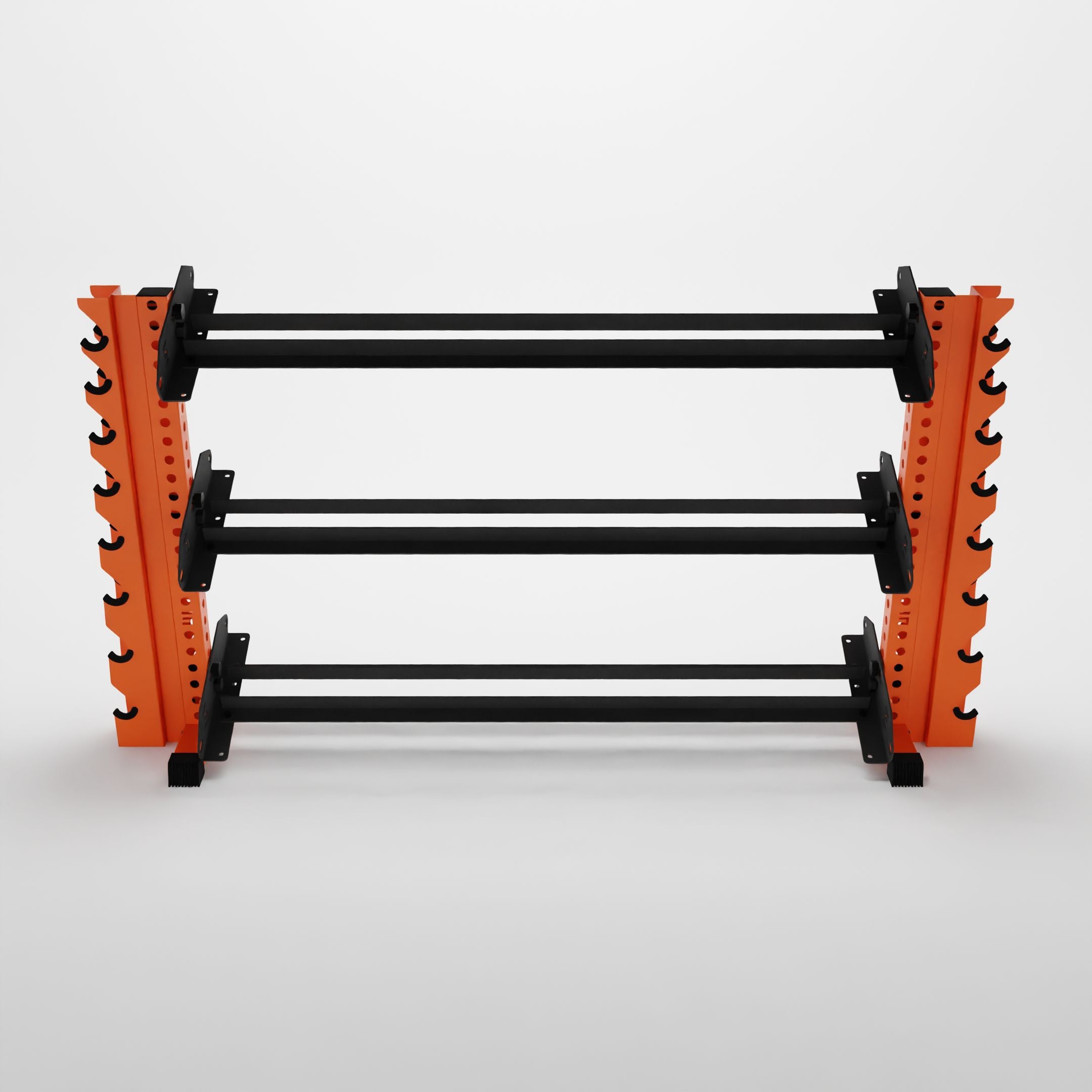 orange 70-inch alpha 3-tier horizontal dumbbell rack with vertical add-ons