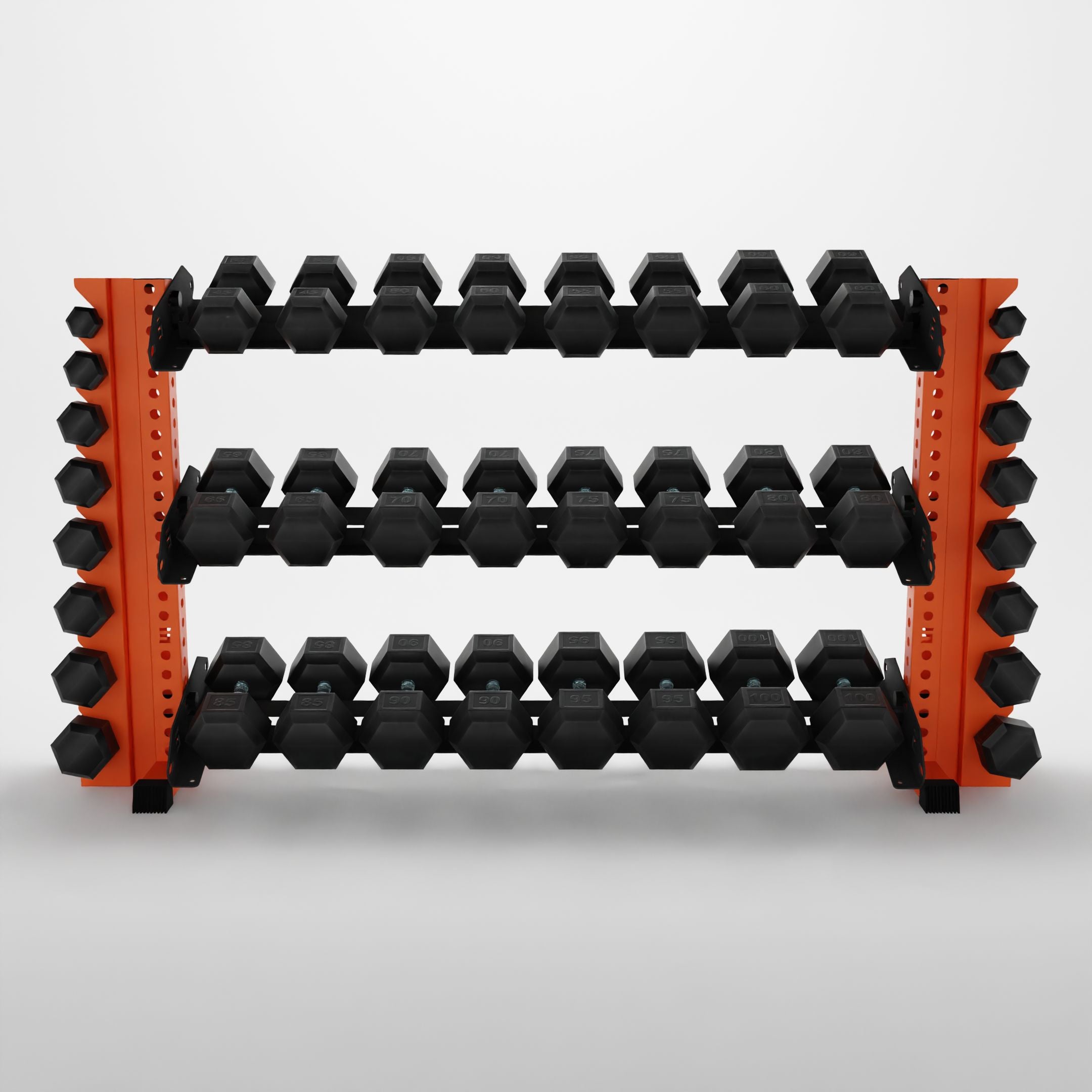 orange 70-inch alpha 3-tier horizontal dumbbell rack with vertical add-ons storing hex dumbbells