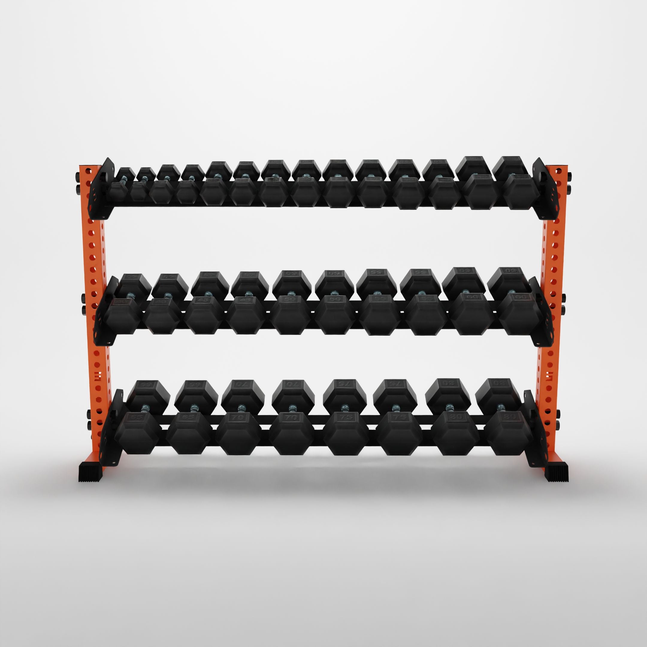 orange 70-inch alpha 3-tier horizontal dumbbell rack storing hex dumbbells