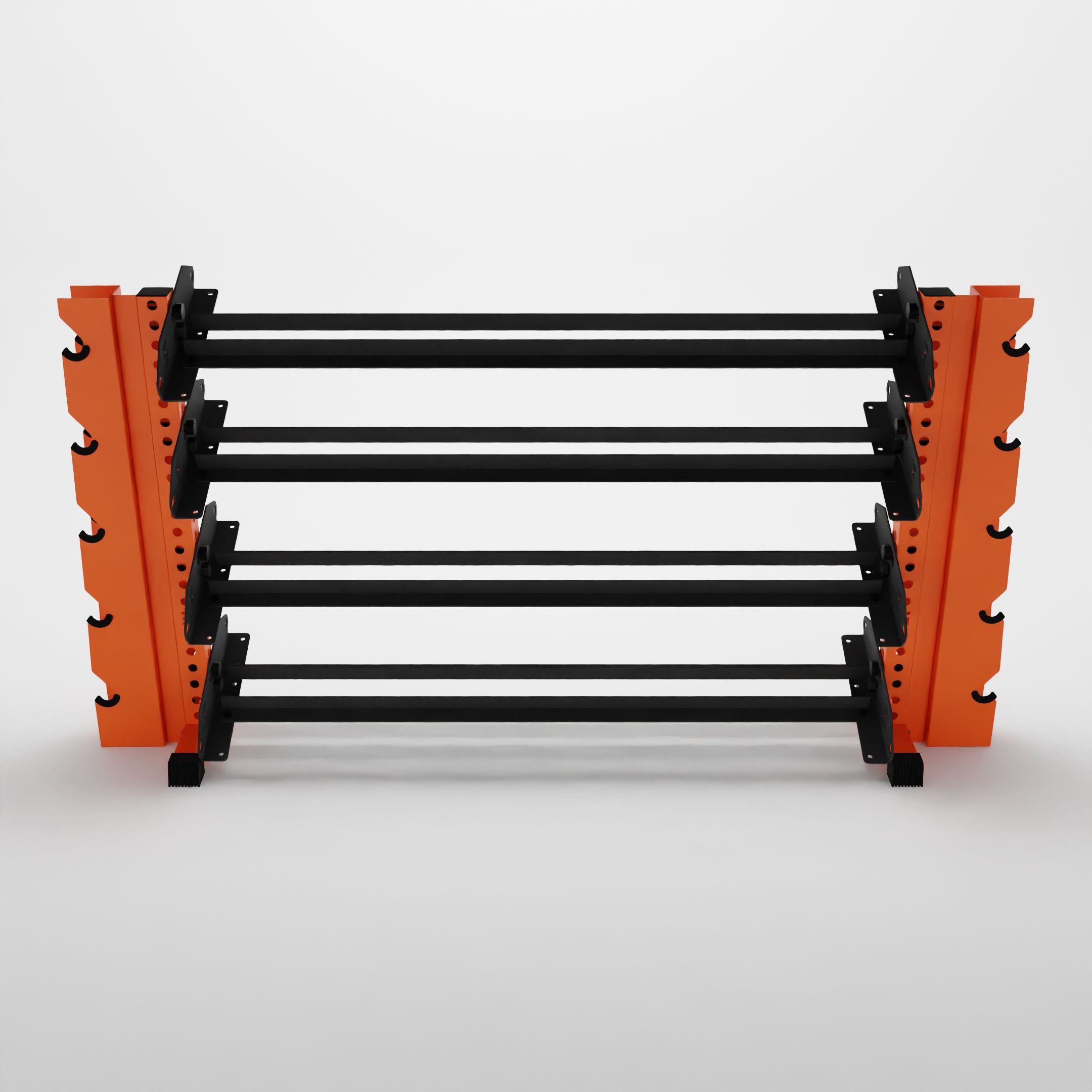 orange 70-inch alpha 4-tier horizontal dumbbell rack with elite vertical add-ons