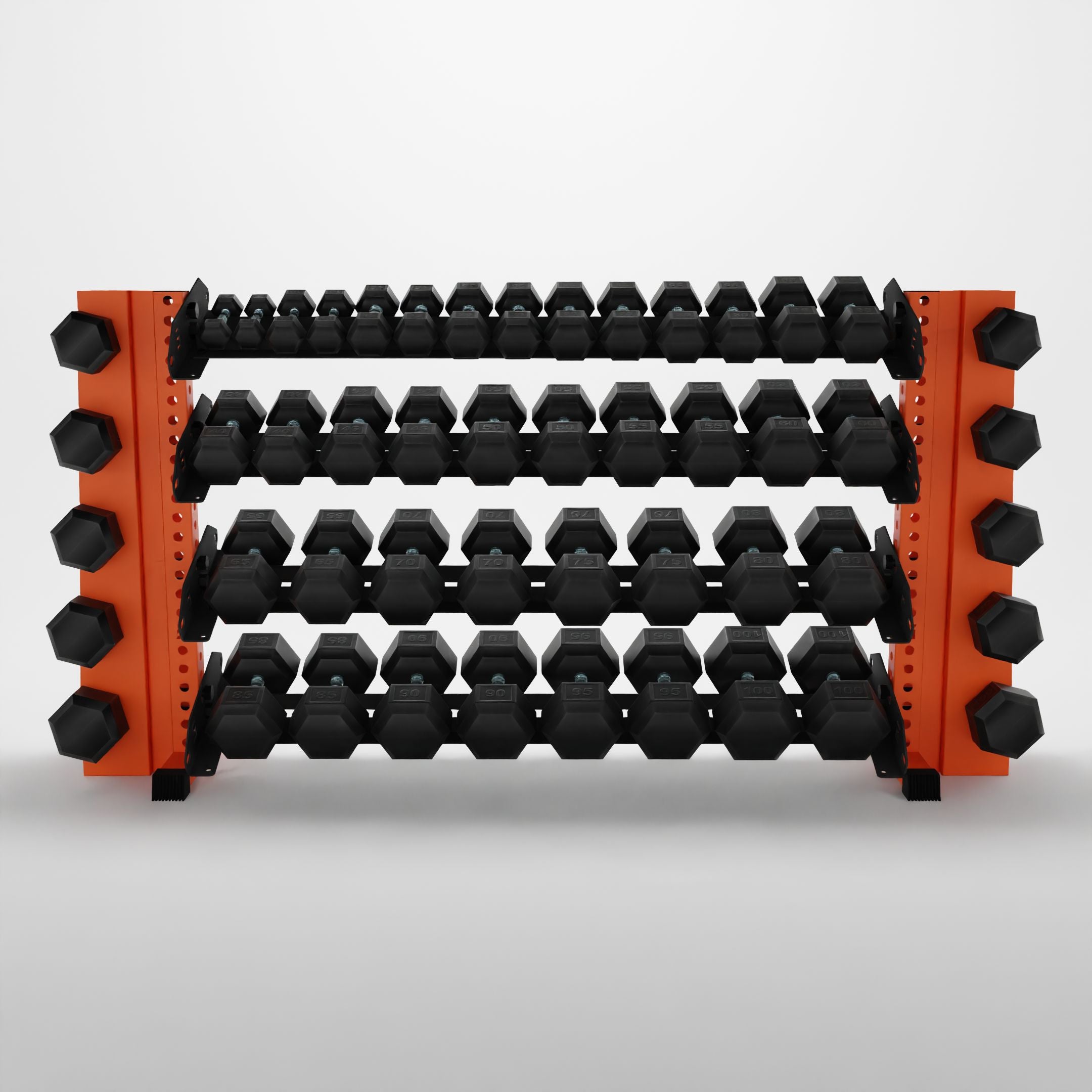 orange 70-inch alpha 4-tier horizontal dumbbell rack with elite vertical add-ons storing hex dumbbells