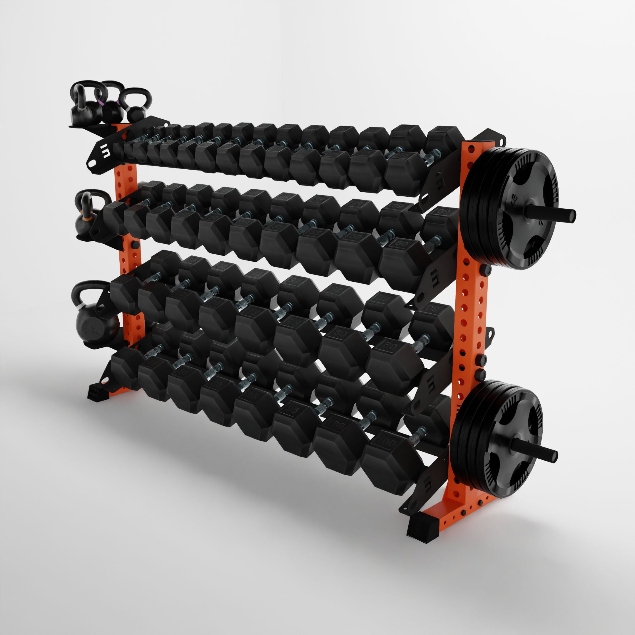 orange 70-inch alpha 4-tier horizontal dumbbell rack storing dumbbells, weight plates, and kettlebells using storage attachment accessories