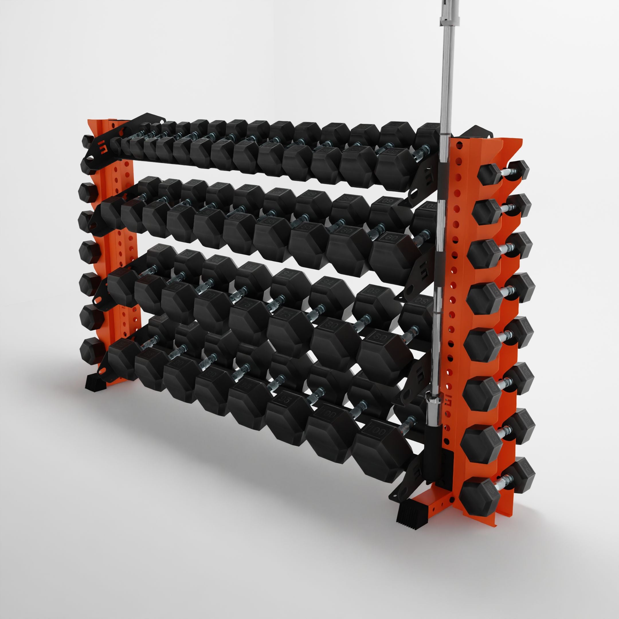 orange 70-inch alpha 4-tier horizontal dumbbell rack with vertical add-ons storing hex dumbbells and a barbell using a storage attachment accessory