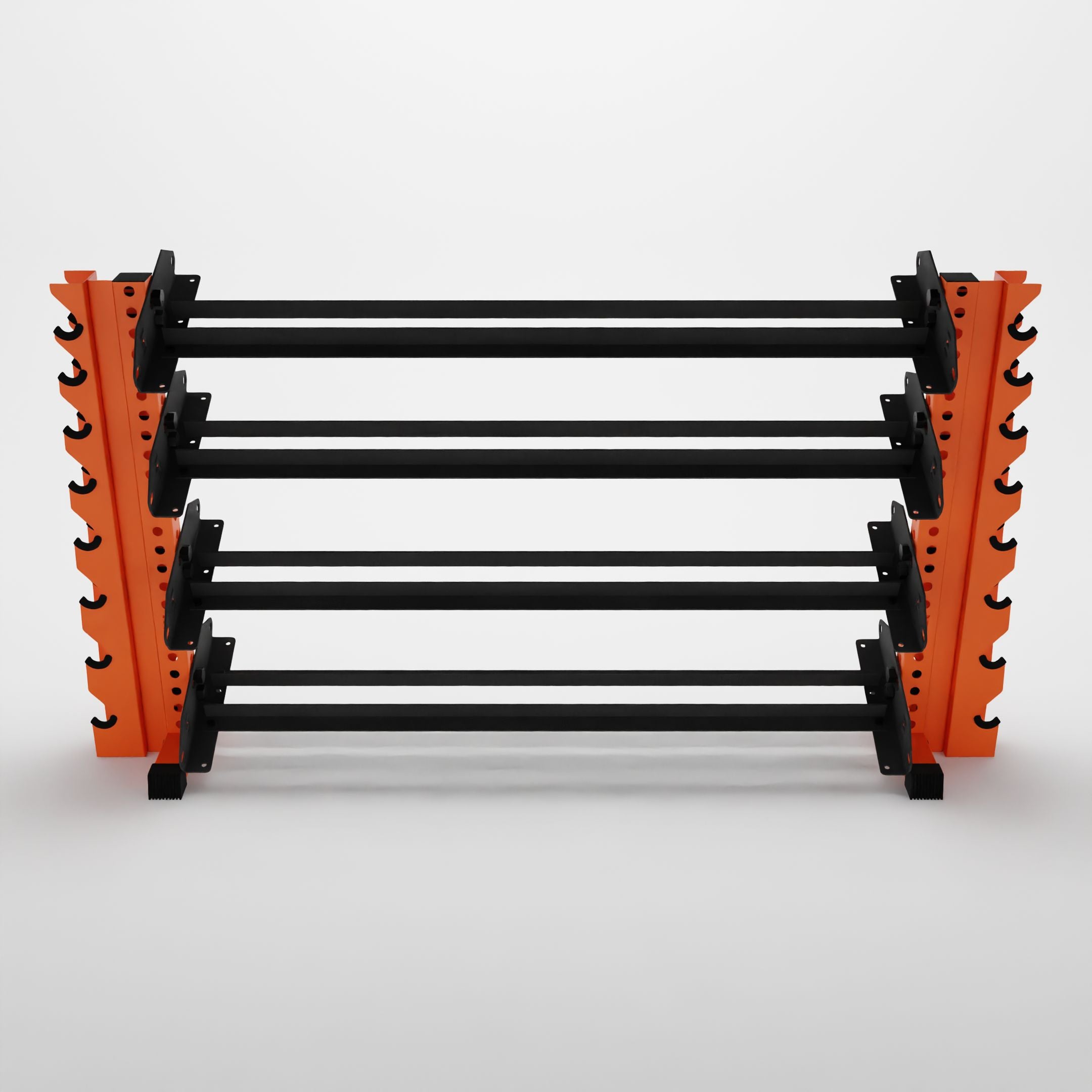 orange 70-inch alpha 4-tier horizontal dumbbell rack with vertical add-ons