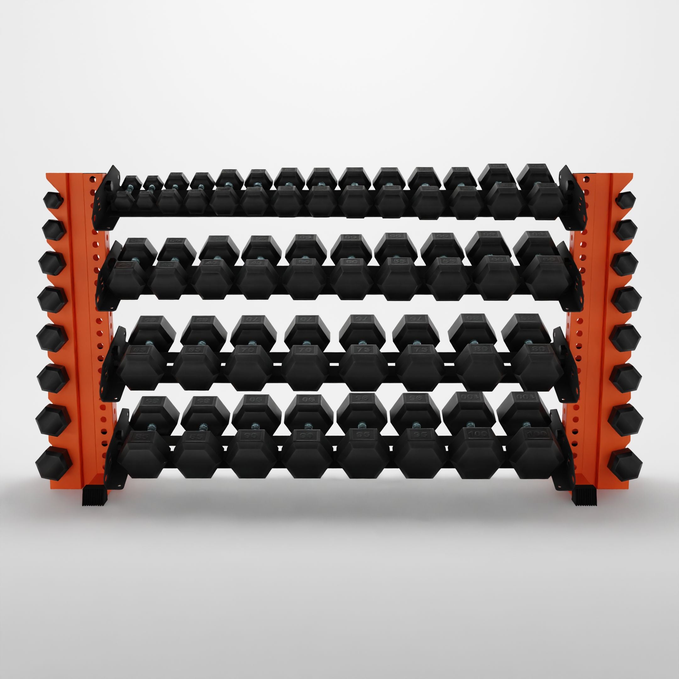 orange 70-inch alpha 4-tier horizontal dumbbell rack with vertical add-ons storing hex dumbbells